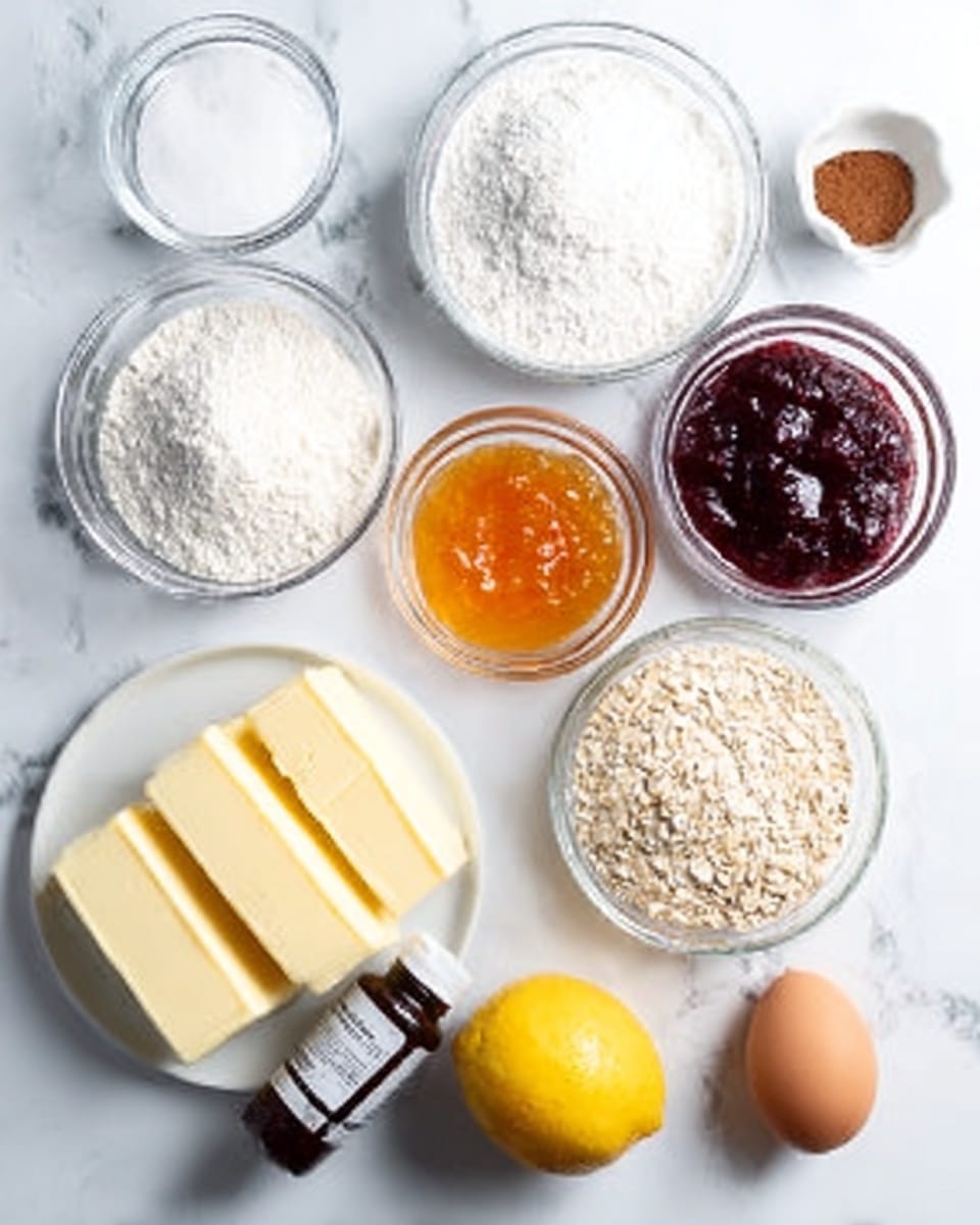 The image shows several small clear bowls and plates arranged on a white marbled surface with various ingredients for baking. There are three small clear bowls filled with white sugar, white flour, and brown oats, along with a larger white plate holding three thick stick pieces of butter. Next to them, a small clear bowl holds orange jam and another holds dark red jam. A whole yellow lemon sits beside the jams, along with a small white dish containing brown cinnamon powder. A single brown egg is placed near the bottom right corner and a small bottle of vanilla extract is between the flour and sugar bowls. The scene is neat and bright. photo taken with an iphone --ar 4:5 --v 7