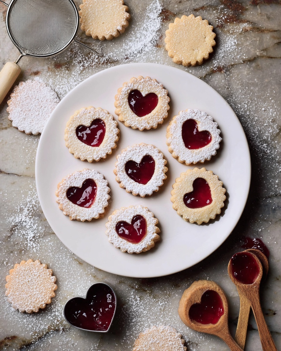 A white round plate holds nine round cookies with scalloped edges, each cookie has two layers: the bottom layer is a light golden brown cookie, and the top layer is a similar cookie with a heart-shaped cutout filled with shiny red jam and dusted with white powdered sugar around the jam. Around the plate, there are several more cookies, including plain heart-shaped cookies in golden brown and a few round cookies with heart jam centers and powdered sugar. There is a metal sieve dusted with some powdered sugar on the bottom left, a wooden spoon with a heart cutout on the right, and a smaller wooden spoon with red jam. Two metal heart-shaped cookie cutters are near the bottom of the white marbled surface where everything is placed. Photo taken with an iphone --ar 4:5 --v 7