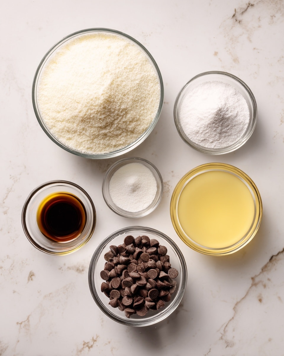 The image shows six clear glass bowls arranged on a white marbled surface, each holding a different baking ingredient. Starting from the top left, a larger bowl is filled with fine white sugar, next to it on the right are two small bowls with a white powdery substance and white granulated sugar. Below the sugar bowl to the left is a small bowl with a dark brown liquid, possibly vanilla extract. In the center is a medium bowl filled with brown chocolate chips, and on the far right is a medium bowl containing a clear yellowish liquid, likely egg whites, all viewed from above in natural light. photo taken with an iphone --ar 4:5 --v 7