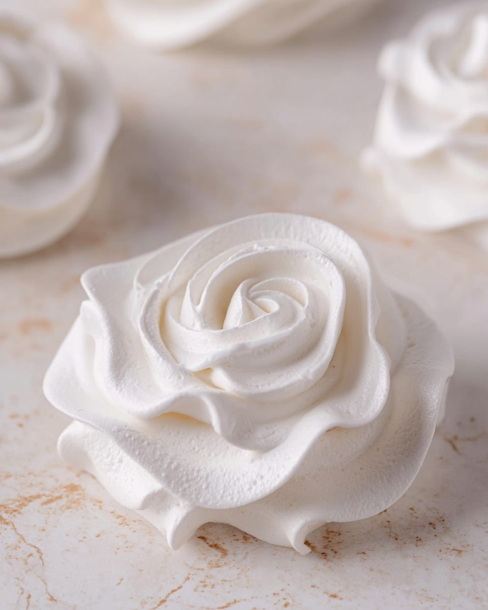 The image shows a close-up of a white meringue shaped like a rose with soft, smooth, curved layers forming petals. Each petal is slightly raised and twisted in a spiral from the center, giving it a delicate and airy texture. The meringue sits flat on a white marbled surface with subtle beige speckles, and there are additional similar meringue roses blurred in the background. The overall look is light, clean, and delicate. photo taken with an iphone --ar 4:5 --v 7