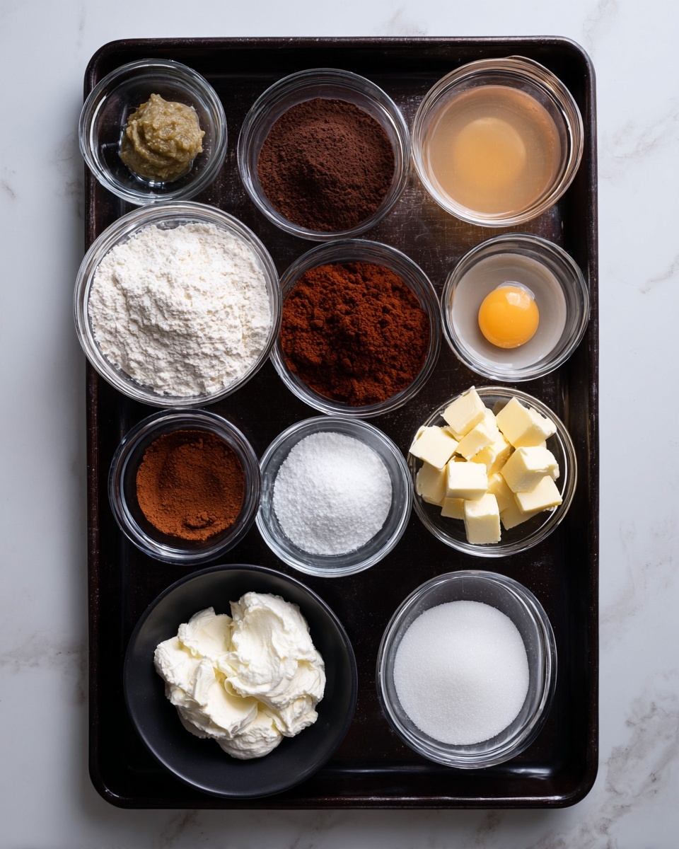 A black tray holds ten small clear glass bowls and two black bowls, all filled with various baking ingredients arranged in rows. In the front row, from left to right, there is a black bowl filled with a white creamy texture, a black bowl containing white powder flour, and a clear bowl of white granulated sugar. Above this row, from left to right, there is a clear bowl of greenish-brown paste, a clear bowl with a reddish-brown fine powder, a clear bowl of dark brown cocoa powder, a clear bowl of small yellow cubes of butter, and a clear bowl with half a raw egg inside. In the back row are the remaining smaller clear bowls with light brown and reddish-brown powders, a larger clear bowl of light brown liquid, and a clear bowl with white powdered sugar. The tray sits on a white marbled surface. photo taken with an iphone --ar 4:5 --v 7