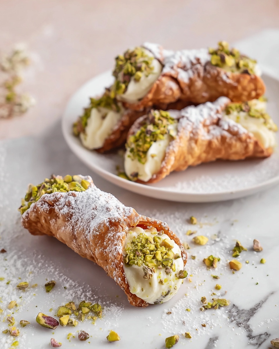 The image shows four cannoli pastries, three of them placed on a white plate with a dusting of powdered sugar on top, and one laying on a white marbled surface in the foreground. Each cannoli has a golden-brown crunchy shell, filled with creamy light beige filling that slightly overflows at both ends. The ends of the cannoli are decorated with chopped green pistachios. The powdered sugar is sprinkled over the shells, adding a delicate white layer, and some pistachio pieces are scattered around the cannoli on the surface. Photo taken with an iphone --ar 4:5 --v 7