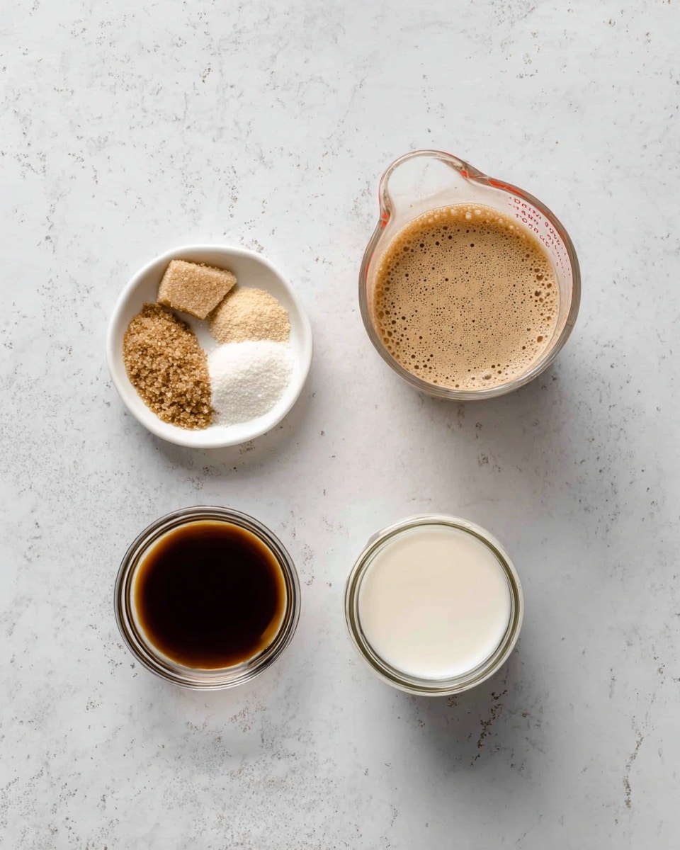 The image shows five small containers with different ingredients arranged on a white marbled surface. In the top center, there is a small white bowl holding three types of powders and grains: a light beige powder, a darker brown powder, and a pile of light brown sugar. To the right, there is a clear glass measuring cup filled with light brown frothy liquid. Below the white bowl, there is a small glass bowl filled with a dark brown syrupy liquid. In the bottom center, there is a small glass jar filled with white milk. The containers are spaced evenly, and the overall scene looks clean and organized. photo taken with an iphone --ar 4:5 --v 7