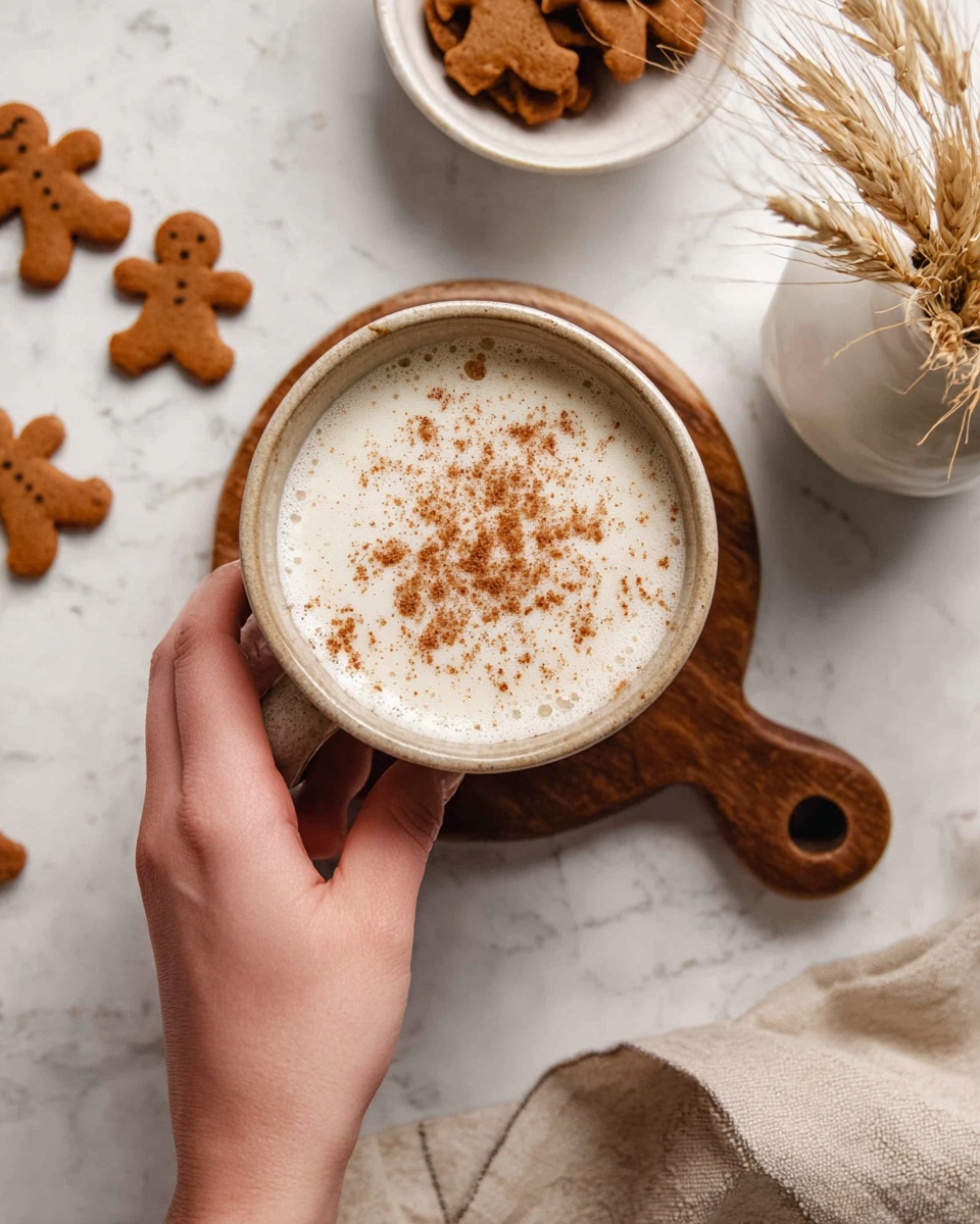 A close-up view shows a beige ceramic cup filled with a creamy white frothy drink topped with light sprinkles of brown cinnamon powder. The cup is held by a woman's hand and is resting on a small wooden board with a round handle. Around the cup, there are several small gingerbread cookies shaped like people, scattered over a white marbled surface. To the upper right, a white bowl holds more gingerbread cookies, and to the far right, a white vase contains dried wheat stalks. A beige cloth is partially visible in the bottom right corner. photo taken with an iphone --ar 4:5 --v 7