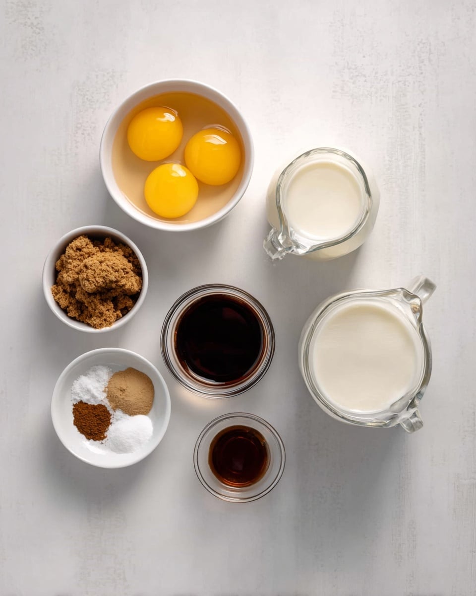 The image shows seven containers with ingredients placed on a white marbled surface. At the top left, there is a white bowl holding four bright yellow egg yolks. To its right, there is a glass jug filled with white milk. Below the jug, another glass jug contains cream, which is thicker and white. In the center, a small glass jar has dark brown syrup. At the bottom left, a small white bowl is filled with packed brown sugar. Next to it, a small white bowl contains three spices in separate piles: dark brown, light brown, and white. Below the syrup jar is a small round glass container with dark vanilla extract. The setup is clean and simple with soft, natural lighting. photo taken with an iphone --ar 4:5 --v 7