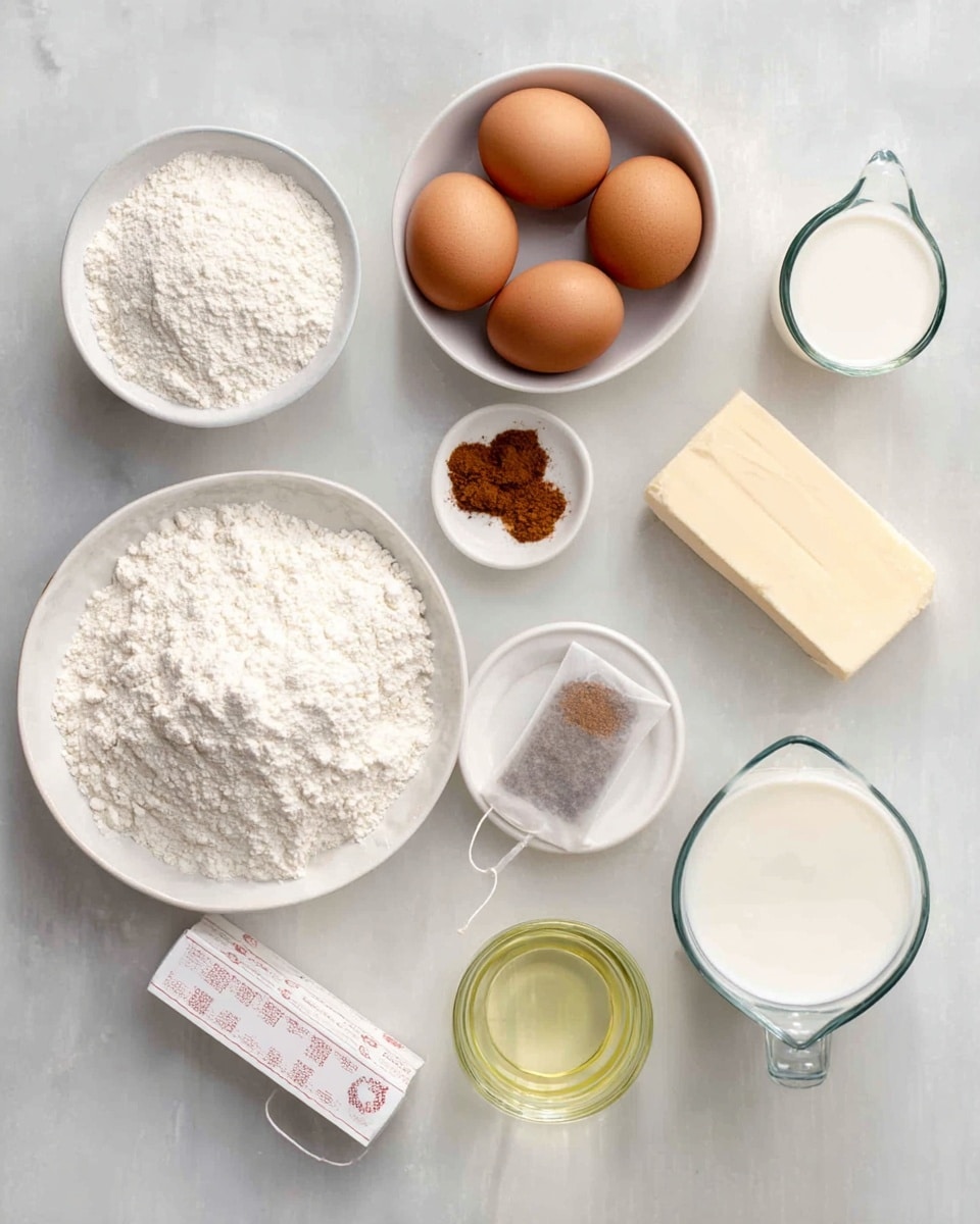 The image shows ingredients neatly placed on a white marbled surface. At the top left, there are two white bowls filled with white flour and three brown eggs in the other bowl. Below, a larger white bowl overflows with a heap of white flour. Beside it, a small white bowl holds two different brown spices. Next to these, a clear tea bag with a white tag lies flat. To the right, there is a clear glass pitcher filled with white milk, and a smaller glass cup with more milk just below it. A small clear container holds a light yellow oil, positioned beside a stick of butter wrapped with a white paper label with red text. The scene is bright and clean, focused on the raw baking ingredients photo taken with an iphone --ar 4:5 --v 7
