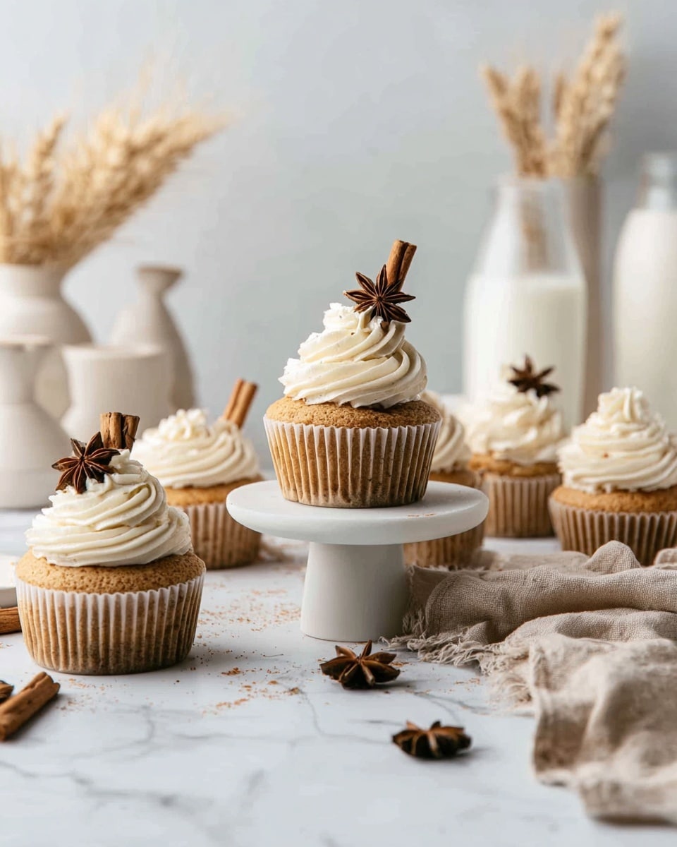 The image shows a group of six cupcakes arranged on a white marbled surface. Each cupcake has a golden-brown base with a fluffy texture and is topped with a large swirl of creamy white frosting. The cupcake in the center stands elevated on a small white pedestal and is decorated with a cinnamon stick and a star anise placed upright in the frosting. Other cupcakes have smaller star anise decorations on top. Scattered star anise pieces and cinnamon sticks lie around the cupcakes on the surface. In the background, soft-focused white ceramic containers, one holding dried wheat stalks, and a glass bottle filled with milk add a calm, cozy atmosphere. A beige linen cloth is casually draped to the right side of the image. The overall scene is bright, warm, and inviting, with a clean, simple style. Photo taken with an iphone --ar 4:5 --v 7