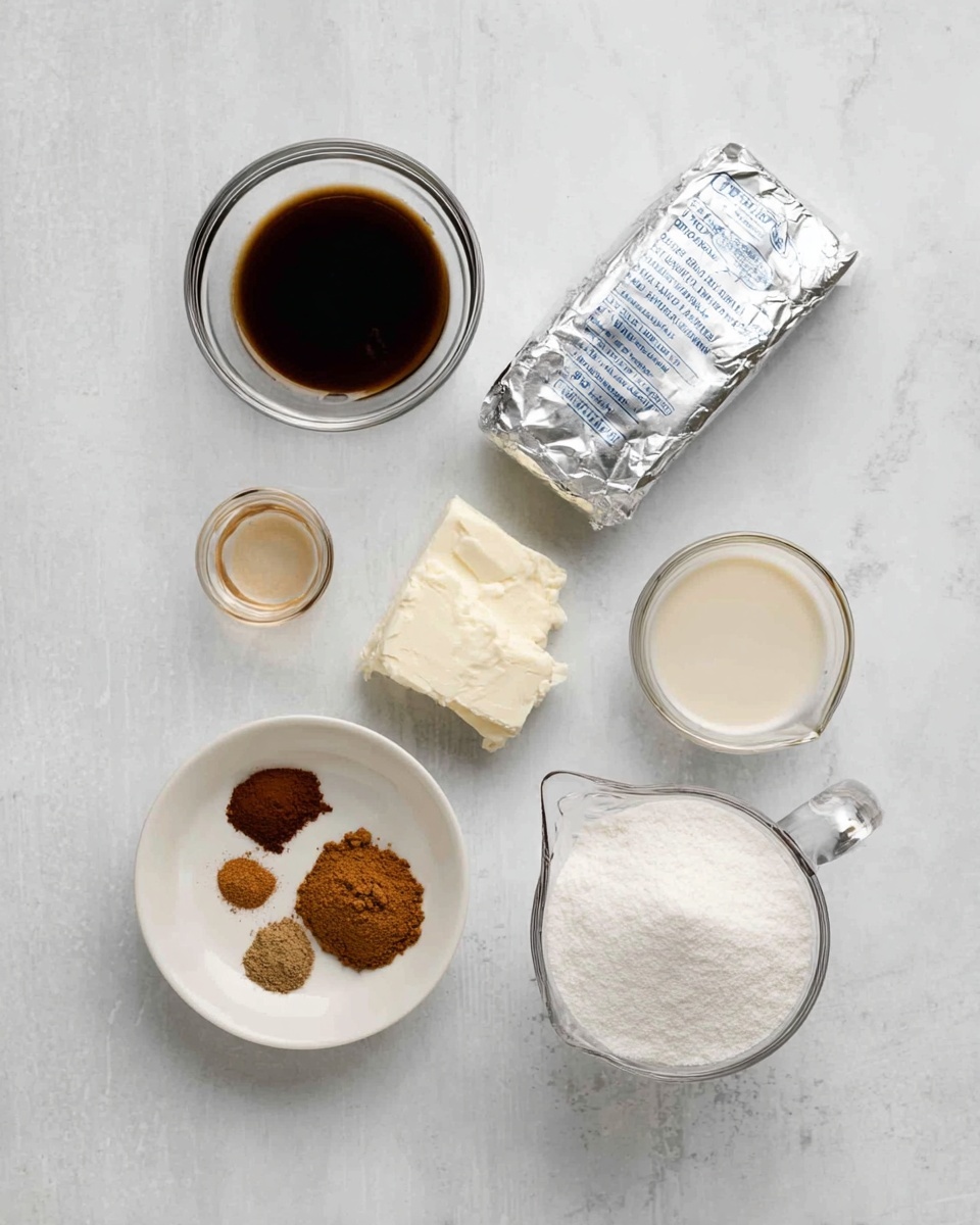 The image shows six ingredients arranged on a white marbled surface. In the top left is a small glass bowl filled with a dark brown liquid, next to it on the right is a block of cream cheese wrapped in silver foil with blue text. Below that, on the bottom left, is a white round bowl containing four spices with colors ranging from light brown, medium brown, dark brown, and reddish brown. Above the spices, there is a small clear glass bowl with a light brown liquid. On the far right is a white measuring cup filled with powdered white sugar, and next to it on the top right is a clear glass measuring cup containing a creamy white liquid. Photo taken with an iphone --ar 4:5 --v 7