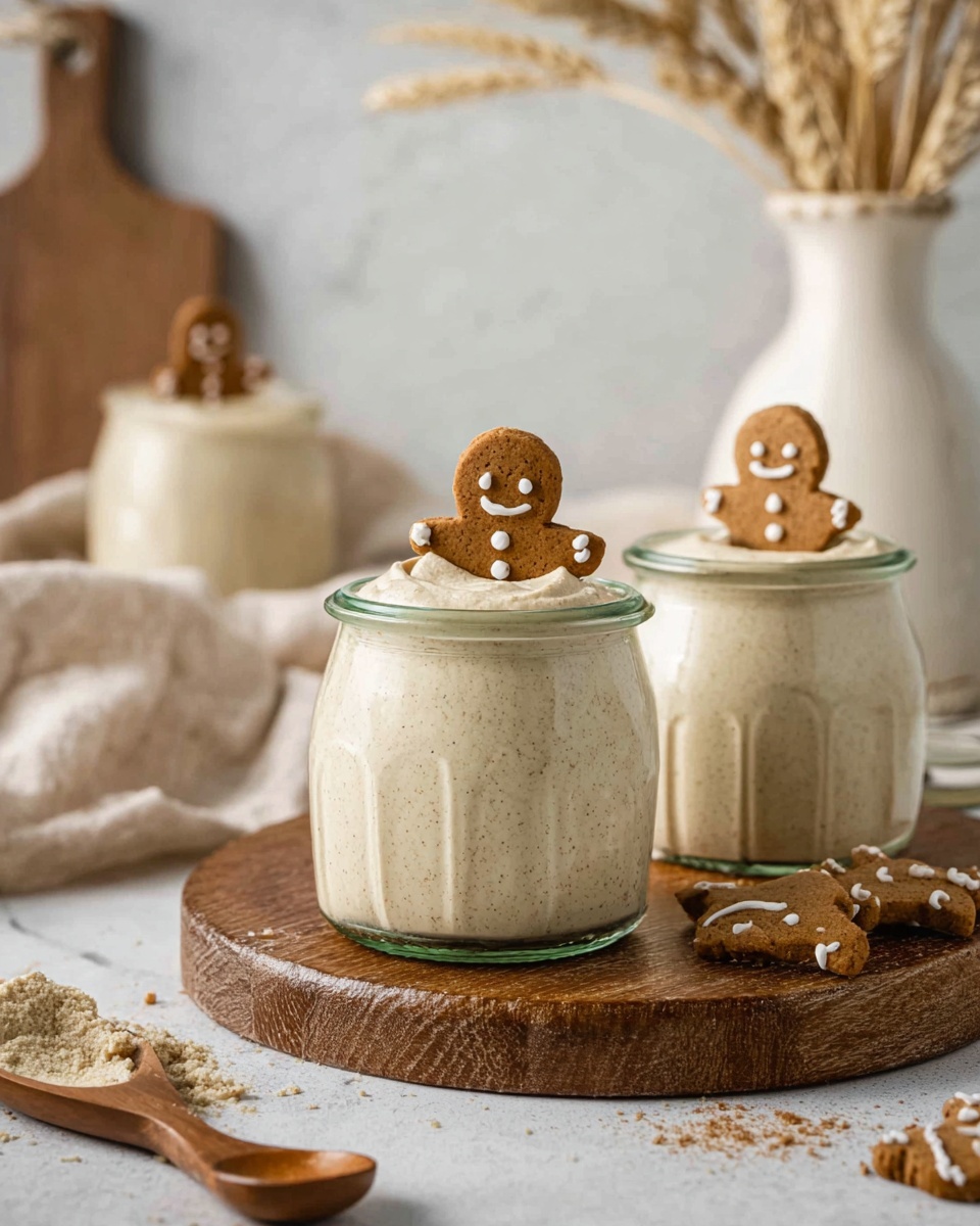 Three clear glass jars hold a creamy light beige mousse with visible specks, each jar topped with a small brown gingerbread man cookie decorated with white dots. One jar is placed on a round wooden board, with another gingerbread man cookie leaning against it. A wooden spoon lies on a white marbled surface with cookie crumbs scattered around. The blurred background includes a tall white jug, dried wheat stalks in a white vase, a brown wooden board, and a soft beige cloth. photo taken with an iphone --ar 4:5 --v 7