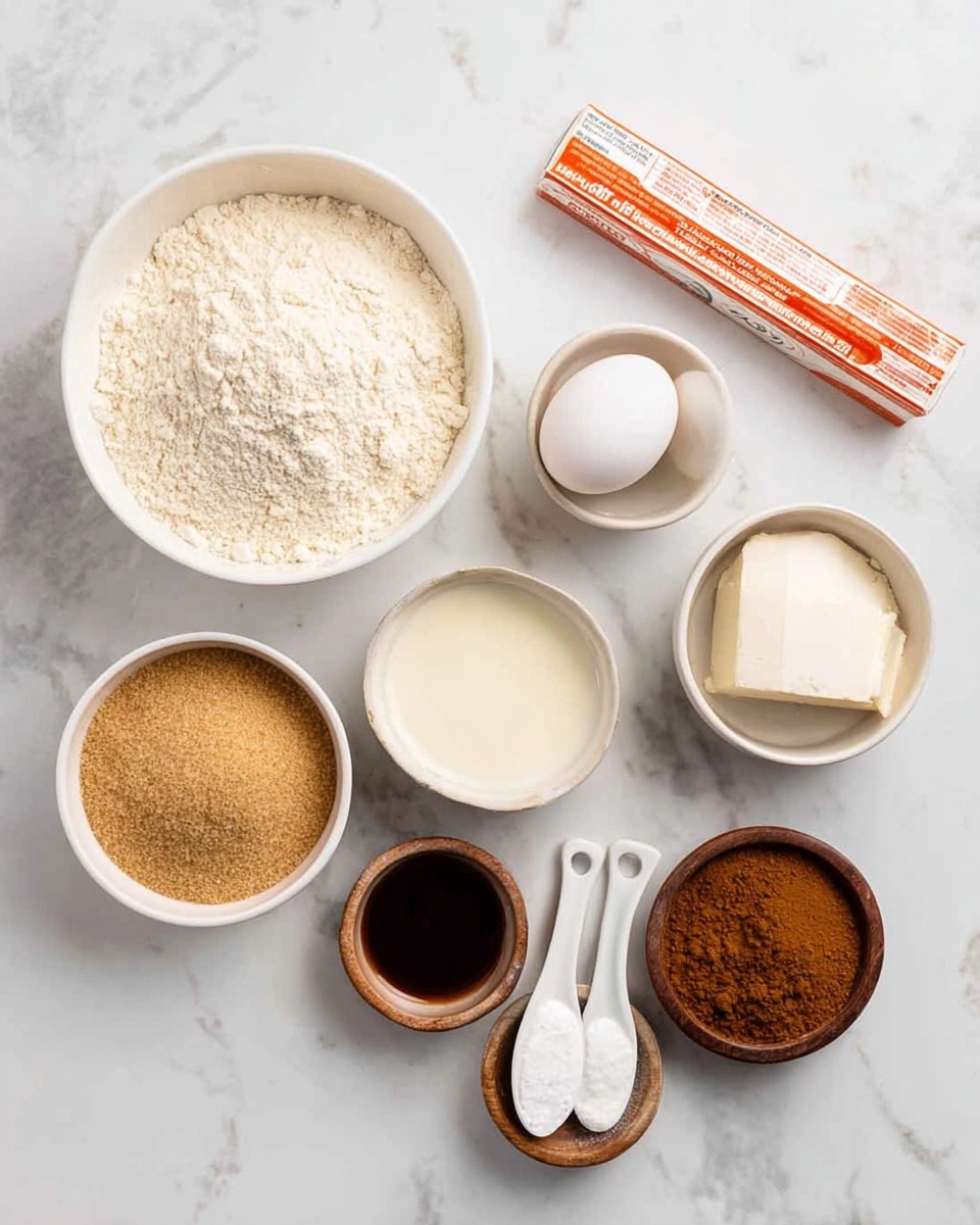 Seven bowls are arranged on a white marbled surface. From left to right, the first large white bowl holds fine light beige flour. Next to it, a smaller white bowl is filled with creamy white milk. Below it, a white bowl contains packed light brown sugar with a slightly crumbly texture. To the right, a medium white bowl holds two smooth white eggs. Above, a small white cup holds dark brown vanilla extract. Beside it, a small brown wooden bowl has two white rounded spoons filled with powder, likely baking soda and baking powder. Another small brown wooden bowl contains fine brown cinnamon powder. A wrapped stick of butter with orange and white packaging rests on the side. photo taken with an iphone --ar 4:5 --v 7