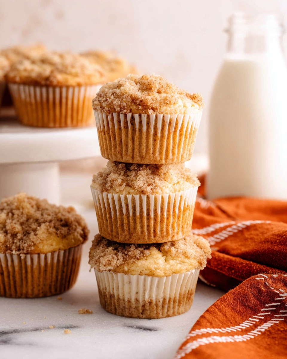 The image shows a stack of three light brown muffins with crumbly topping in white muffin liners, placed on a white marbled surface. The muffins have a soft, slightly textured surface with visible crumbs on top. To the left, there are two more muffins lying flat, and in the background, on a white pedestal stand, more muffins can be seen out of focus. To the right of the muffins, there is a clear glass bottle filled with milk, and a folded burnt orange cloth with white stitched patterns was placed nearby. The overall setting is warm and cozy, with a soft focus on the stacked muffins in the foreground. photo taken with an iphone --ar 4:5 --v 7