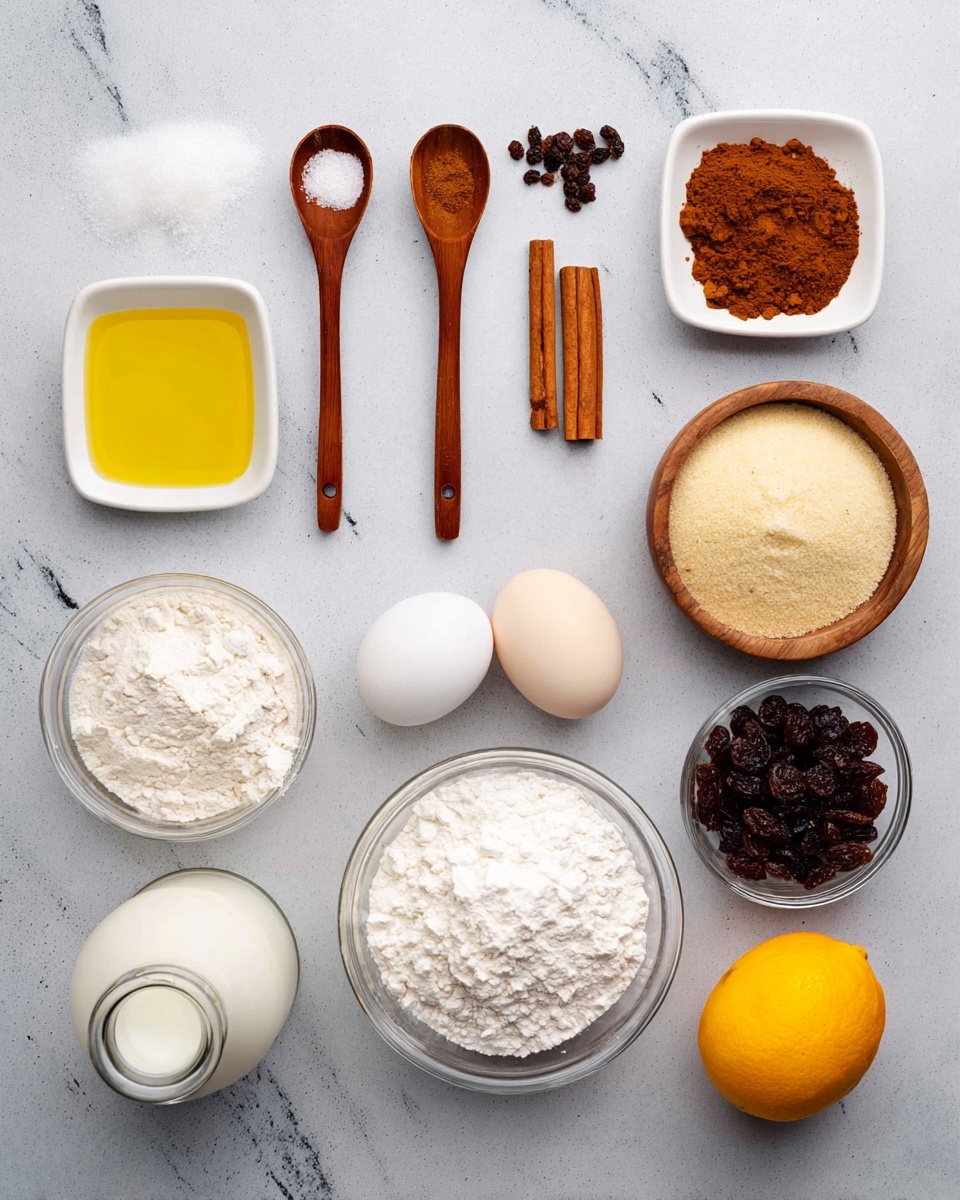 The image shows an arrangement of baking ingredients on a white marbled surface. There are three wooden spoons at the top holding white salt, brown cinnamon powder, and dark brown ground cloves. Below them are two small white square dishes, one with a cinnamon stick and two whole cloves, and the other filled with light beige yeast granules. A white round bowl contains golden yellow oil on the left side. In the center, a glass bowl is filled with white flour, and next to it is a single white egg resting in a small wooden bowl. To the right of the egg, there is a glass bowl filled with white granulated sugar and another glass bowl with dark brown raisins. At the bottom left is a small clear glass bottle of milk, and to its right lies a whole bright orange lemon. photo taken with an iphone --ar 4:5 --v 7