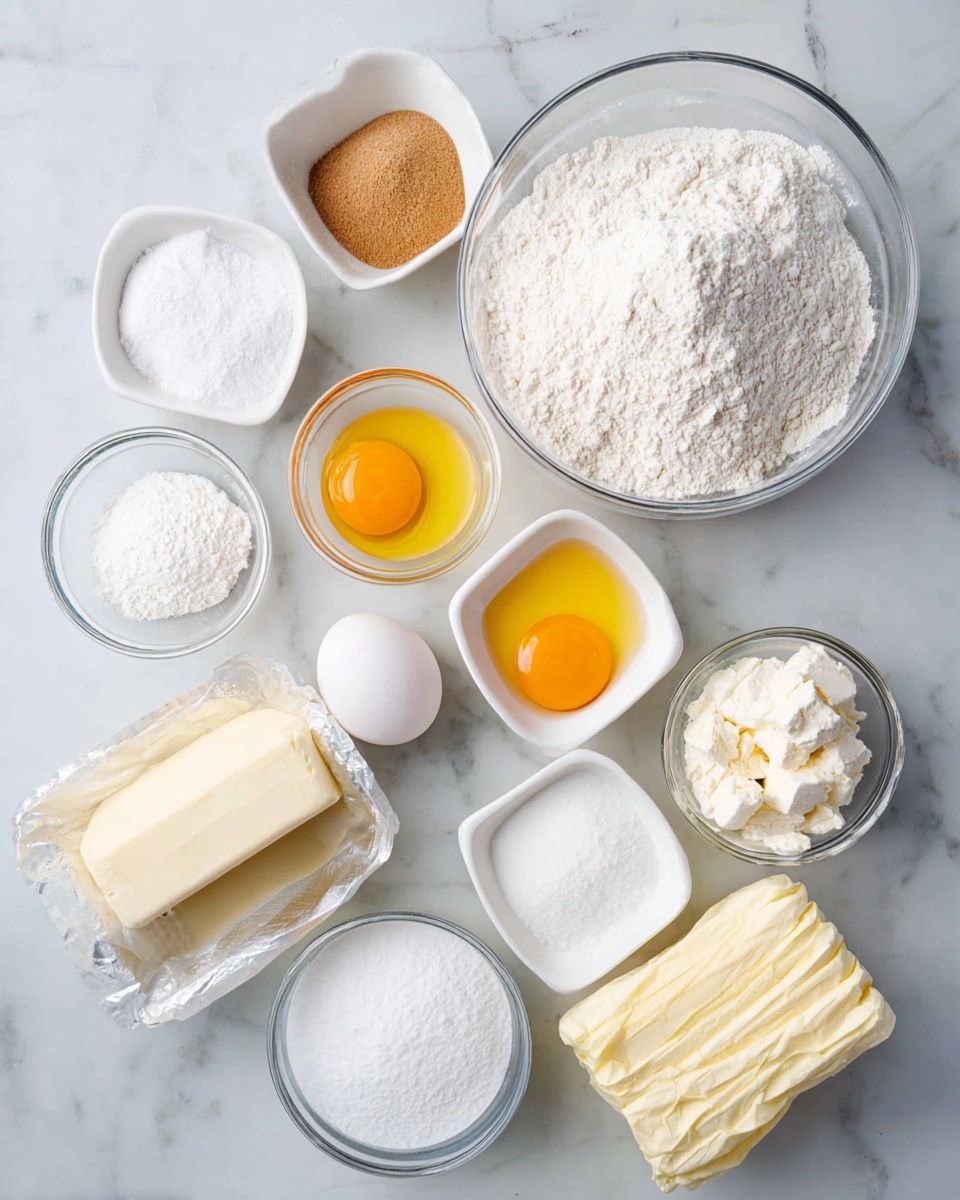 A collection of baking ingredients is displayed on a white marbled surface, arranged neatly in small white and clear bowls along with an egg and a wrapped stick of butter. The largest clear bowl is filled with white flour, positioned near the center. Surrounding it are several smaller bowls, including one with bright yellow egg yolks, another with light brown sugar, one with cream cheese that is off-white and soft-looking, and another with cream that is white and smooth. There are also small square bowls holding white sugar, salt, and yeast, an egg in its shell, and a small bowl with powdered sugar that is also white and fluffy. The butter, wrapped in yellow paper, lies flat in front of the flour bowl. Everything is neatly arranged and evenly spaced. Photo taken with an iphone --ar 4:5 --v 7