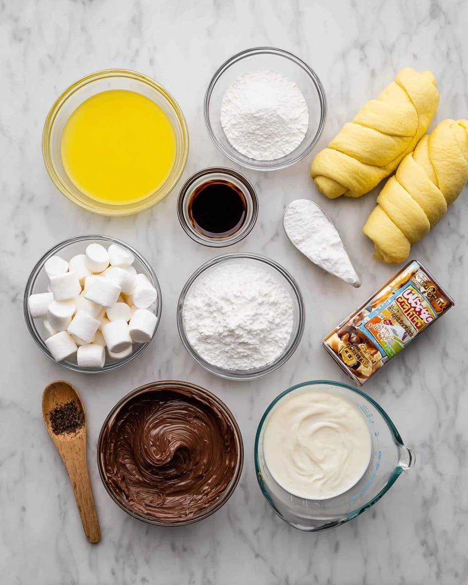 The image shows several small clear glass bowls and containers arranged neatly on a white marbled surface, each holding different baking ingredients. There is a bowl of melted yellow butter, a small wooden spoon with dark vanilla extract, a bowl of white powdered sugar, another bowl with white granulated sugar, a bowl with large white marshmallows, a bowl with smooth dark brown chocolate spread, and a measuring cup filled with white liquid cream. Two unopened yellow rolls of crescent roll dough are placed at the top right of the scene. photo taken with an iphone --ar 4:5 --v 7