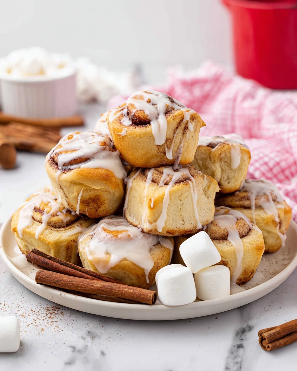 A pile of small cinnamon rolls is stacked on a white plate, each roll light brown with a soft, baked texture. White icing is drizzled loosely over the top of every cinnamon roll, creating an irregular glaze pattern. Around the cinnamon rolls, there are a few large white marshmallows and three dark brown cinnamon sticks resting on the side. The plate is set on a white marbled surface with a few kitchen items blurred in the background, including a red container and a pink-and-white checkered cloth. Photo taken with an iphone --ar 4:5 --v 7