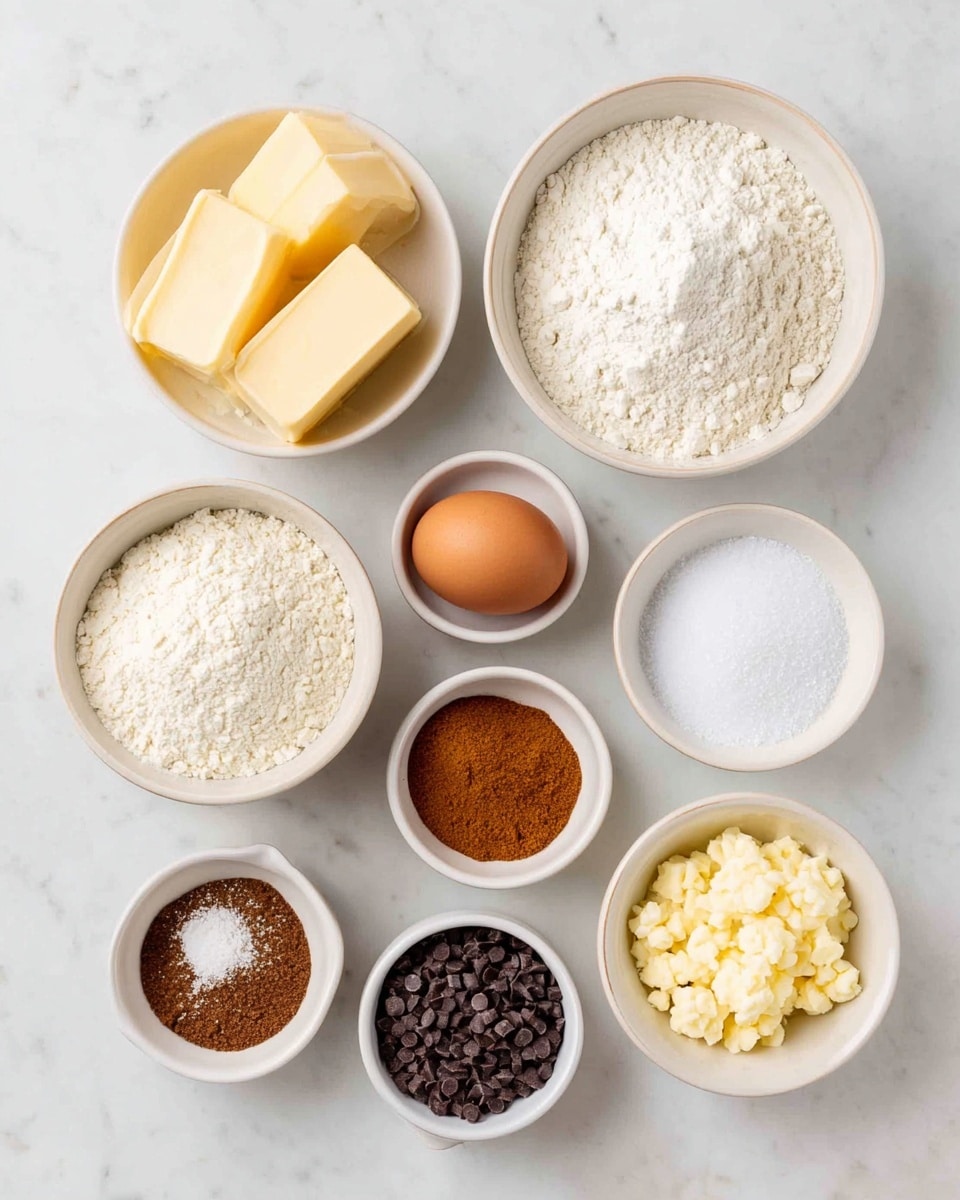 The image shows a collection of baking ingredients arranged neatly on a white marbled surface. There are eleven white bowls positioned in three rows, each filled with different items: one bowl with two blocks of yellow butter, one with a heap of white flour, one with fine white sugar, one with small white salt, one with white baking powder, one with white baking soda, one with dark brown vanilla extract, one with orange-brown cinnamon powder, one filled with small dark brown chocolate chips, and one containing light yellow soft curds. In the middle of the bowls sits a single brown egg. The colors vary from creamy yellows to whites, browns, and dark chocolate tones, creating a clean and organized visual of all the ingredients together. Photo taken with an iphone --ar 4:5 --v 7