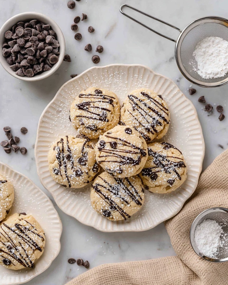 There are seven light golden brown cookies with dark chocolate chips scattered inside them, placed in a round white plate with a soft wavy edge. Each cookie has thin dark chocolate drizzles across the top and a light dusting of powdered sugar, giving a slightly snowy look. Around the plate on a white marbled surface, there are loose dark chocolate chips. To the left, a small white bowl with more chocolate chips sits on a beige cloth. Above it, a fine metal sieve filled with powdered sugar rests on another white plate. The whole setup looks clean and softly lit, showing a cozy and sweet scene. photo taken with an iphone --ar 4:5 --v 7