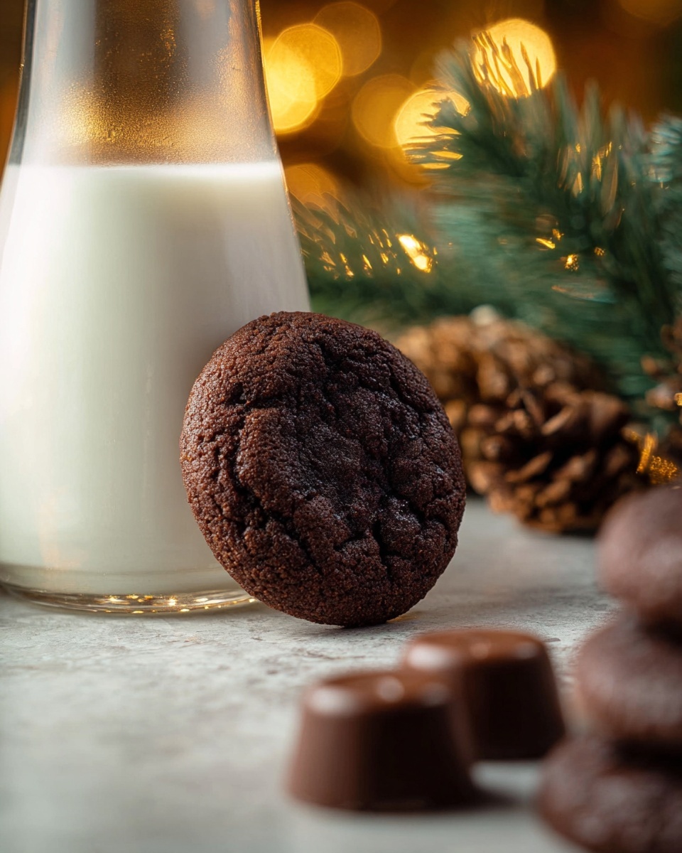 A dark brown, round chocolate cookie with a rough texture leans against a clear glass filled with white milk. In the foreground, blurred pieces of chocolate candy with a smooth surface are scattered on a white marbled table. In the background, there are blurred pinecones and green pine needles with warm yellow lights. The overall setting has a cozy, festive feel. photo taken with an iphone --ar 4:5 --v 7