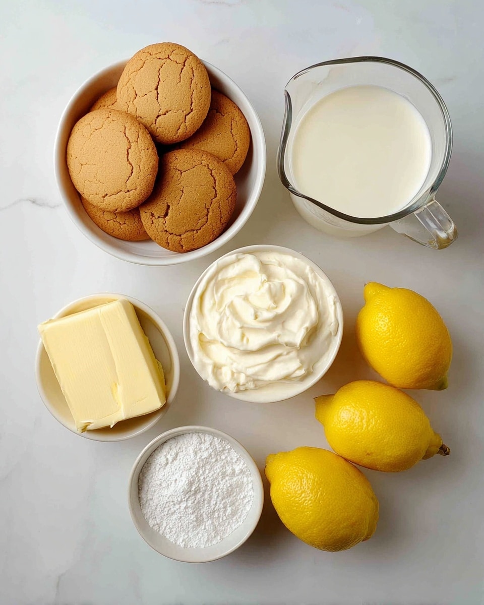 The image shows six main ingredients arranged neatly on a white marbled surface. On the top left, there is a white bowl filled with round, golden-brown cookies that have smooth, cracked tops. Next to it on the right is a clear glass pitcher filled with white cream. Below the pitcher is a white bowl filled with thick, smooth white cream. To the bottom left is a smaller white bowl holding a block of pale yellow butter, and next to it is another white bowl filled with white powdered sugar. At the bottom right, there are three bright yellow lemons with slightly textured skin. The overall look is clean and well-arranged, with each ingredient clearly visible and resting on the white marbled background photo taken with an iphone --ar 4:5 --v 7
