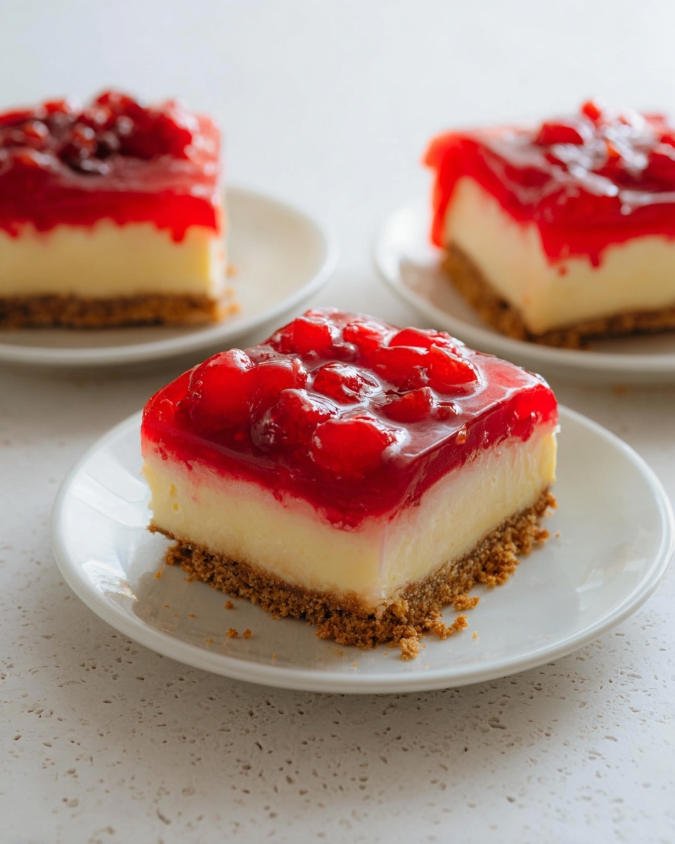 Three pieces of dessert are shown on white plates, each with three layers. The bottom layer is a crumbly, brown crust. The middle layer is creamy and pale yellow, thick and smooth. The top layer is bright red jelly with small red cherries inside it, shiny and slightly wobbly. The desserts sit on a white marbled surface with soft natural light. One piece is focused in the front, with the others slightly out of focus in the back. Photo taken with an iphone --ar 4:5 --v 7