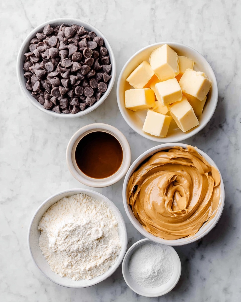 Five white bowls sit on a white marbled surface in a loose circle. The top left bowl is filled with many small, dark brown chocolate chips. Above the center is a small bowl with dark brown liquid. To the right center is a bowl with butter, cut into small pale yellow cubes. Below that is a bowl filled with smooth, creamy light brown peanut butter, swirled on top. The bottom left bowl holds a white powder, likely flour or powdered sugar, with a soft texture. Finally, a tiny bowl at the bottom right contains a small amount of solid white fat, such as shortening. photo taken with an iphone --ar 4:5 --v 7