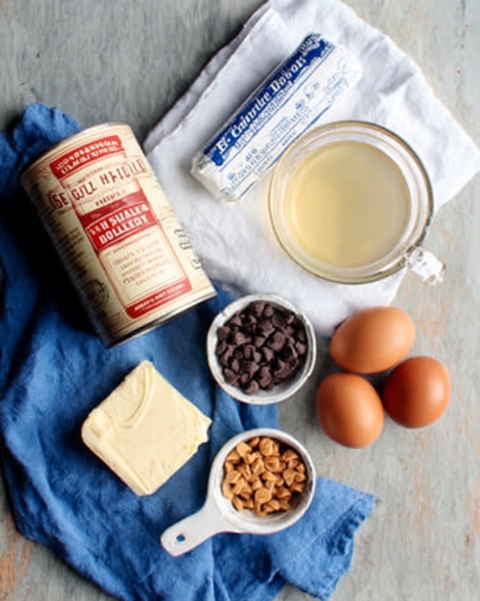 A flat white marbled surface with a folded white cloth, a blue cloth partially beneath it, a can of evaporated milk with red and blue label, a clear glass cup filled with a light yellow liquid, a stick of butter wrapped in paper with blue text, a small white measuring cup with dark brown chocolate chips, a small white measuring cup with light brown peanut butter chips, and two brown eggs. photo taken with an iphone --ar 4:5 --v 7
