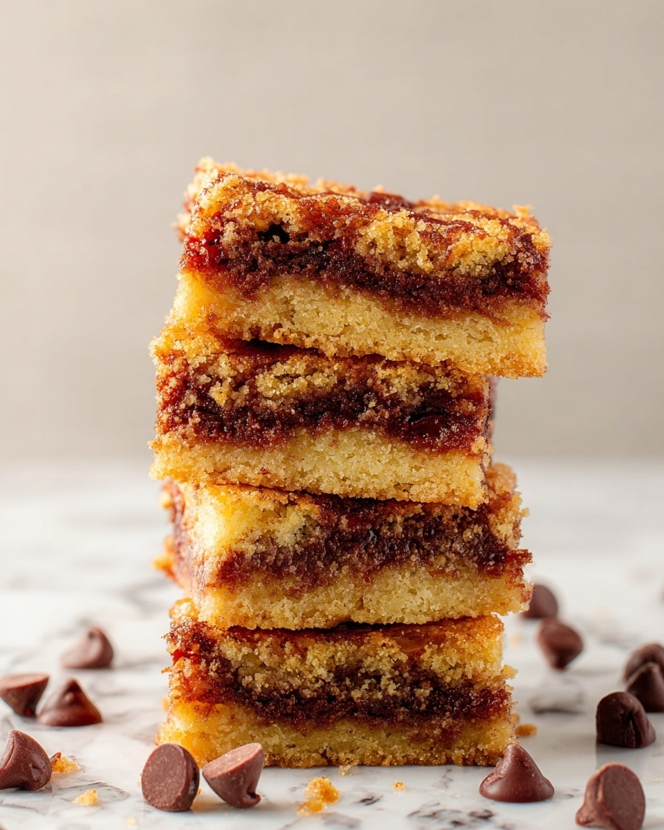 A stack of four thick bars with a crumbly texture, each bar showing two layers: a golden brown soft cake layer on top and bottom, and a dark brown gooey filling layer in the middle. The stack is slightly uneven, and the top edge looks rough with some crumbs. Around the stack are scattered smooth dark brown chocolate chips, placed on a white marbled surface with a soft, neutral background. photo taken with an iphone --ar 4:5 --v 7