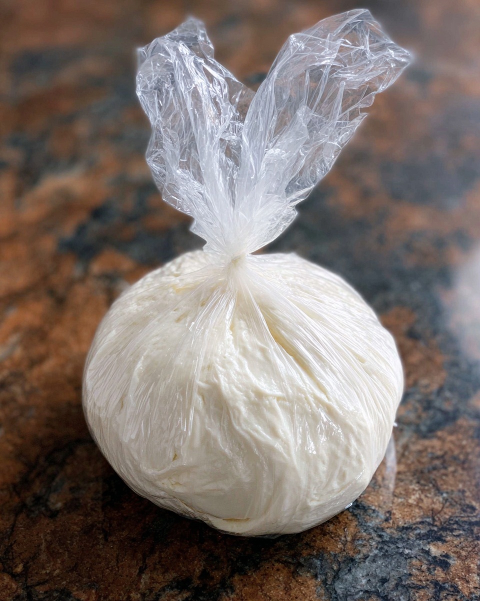 A tightly wrapped ball of white dough or cheese wrapped in clear plastic wrap, with the top gathered and twisted forming two loose, pointed ends standing up. The dough inside looks smooth but has small wrinkles and texture marks from the plastic wrap. The wrapped ball sits alone on a white marbled surface with a mix of dark and light tones in the background. photo taken with an iphone --ar 4:5 --v 7