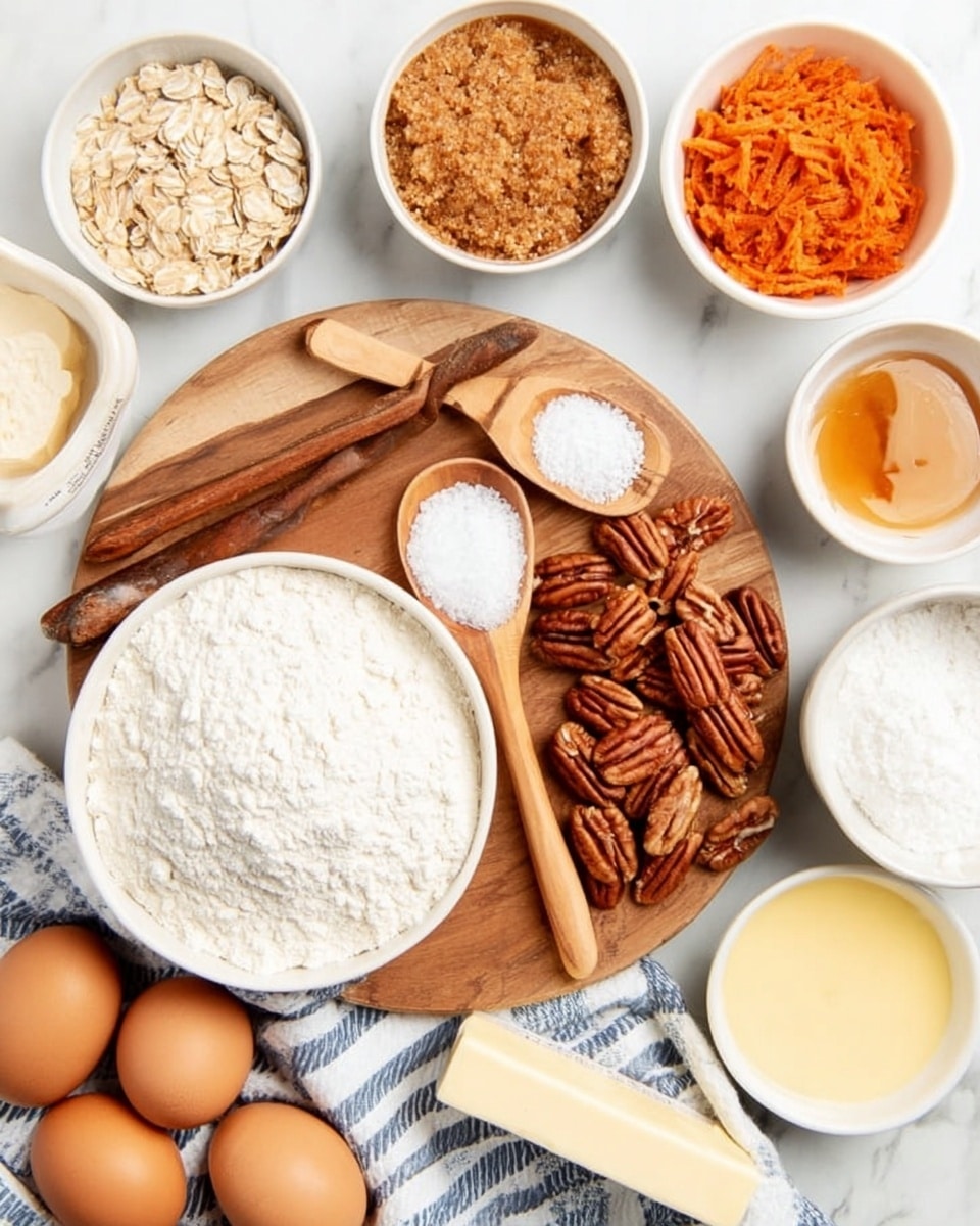 The image shows a wooden board placed on a white marbled surface. On the board, there is a white bowl filled with white flour near the top center, with a group of brown pecan nuts scattered to its right. Two wooden spoons rest beside the pecans, one holding a white powder and the other a small amount of white salt. Surrounding the board are several white bowls containing different ingredients: light brown sugar, orange shredded carrot, beige applesauce, white powdered sugar, and light yellow liquid. Near the bottom left, two brown eggs sit on a white and blue-striped cloth, next to a stick of pale yellow butter wrapped in paper. The photo taken with an iphone --ar 4:5 --v 7