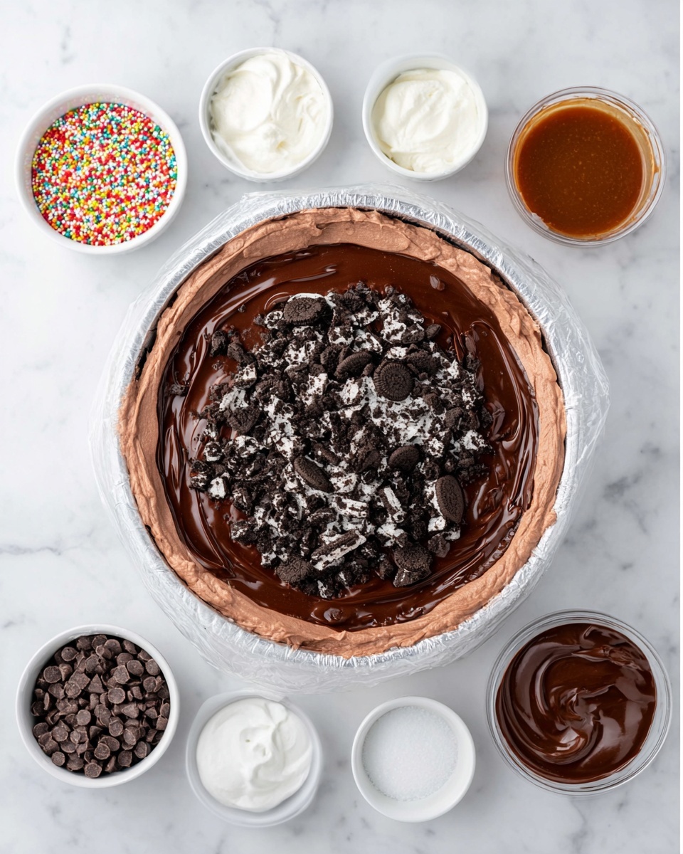 The image shows the step-by-step making of a layered chocolate dessert in a round dish lined with clear plastic wrap, placed on a white marbled surface. The first layer is smooth and light brown chocolate mousse spread evenly across the bottom. On the second layer, a glossy, dark chocolate ganache is poured smoothly over the mousse. Finally, the top layer is covered with a generous amount of crushed dark chocolate cookies, adding texture and contrast with black and white specks. Small bowls with ingredients like colorful sprinkles, powdered sugar, crushed cookies, vanilla, white cream, and chocolate spread are visible nearby in the first photo. Photo taken with an iphone --ar 4:5 --v 7