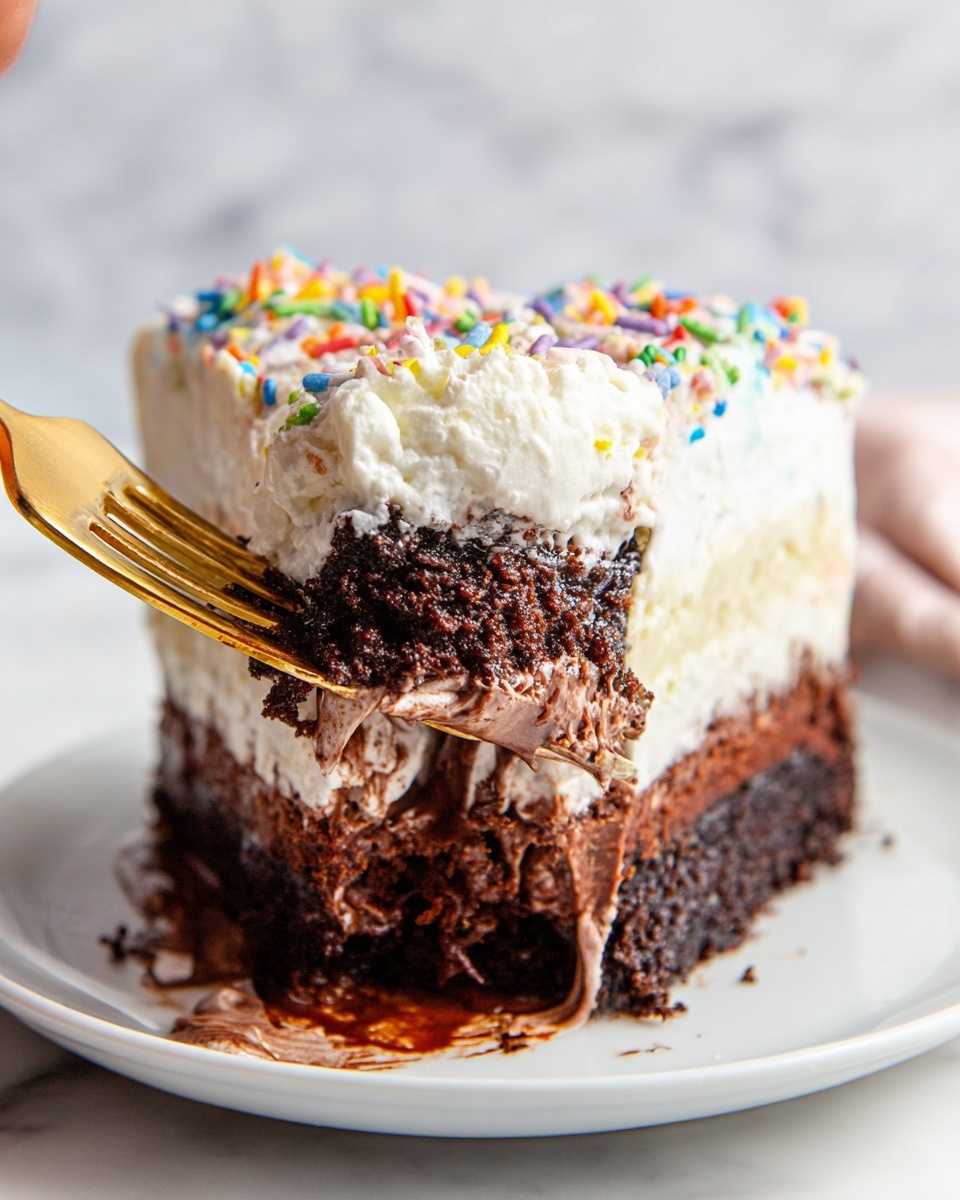 The image shows a round dessert in a clear, plastic-wrapped bowl on a white marbled surface, with four layers. The first layer is smooth and light brown chocolate cream covering the base evenly. The second layer is a shiny, dark chocolate spread poured slowly over the first layer, creating a glossy dark brown top. The third layer consists of crushed black and white cookies spread evenly on top of the chocolate layer, giving a rough texture with bits and crumbs visible. Around the bowl, in the first section of the image, are small white bowls holding white cream, colored sprinkles, a brown liquid, powdered sugar, crushed cookies, and thick dark chocolate spread, all placed neatly on the white marbled surface. photo taken with an iphone --ar 4:5 --v 7