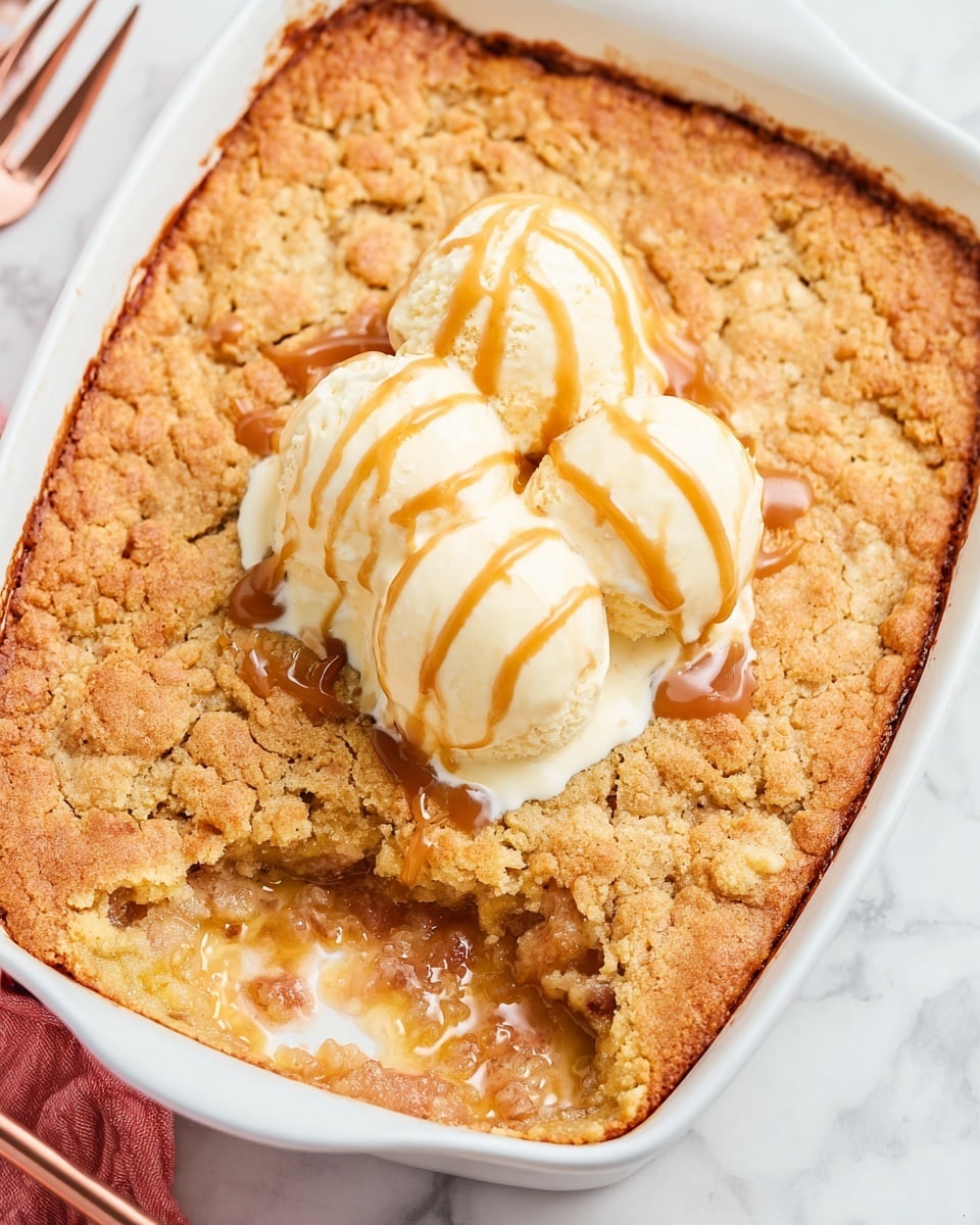 A white baking dish holds a golden brown cobbler with a crumbly and slightly uneven top layer. In the center of the cobbler are three scoops of light cream-colored ice cream, each drizzled with a light caramel sauce that creates thin shiny lines down the soft texture. A small section is scooped out on the lower left side, revealing a warm, soft filling with visible chunks inside, showing a mix of syrupy and crumbly textures. The dish is set on a white marbled surface, and a rose gold fork is placed in the lower left corner. photo taken with an iphone --ar 4:5 --v 7