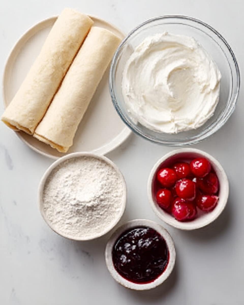 The image shows a white marbled surface with one white plate on the left holding two rolled light beige dough layers, smooth in texture. Above the plate, there is a clear glass bowl filled with soft white cream with a slightly uneven surface. Below the glass bowl, there is a small round white bowl full of white flour with a fine, powdery texture. Next to the flour bowl, there is a small white bowl filled with dark red and glossy cherry jam that has a sticky, thick texture. Lastly, to the right, there is another small white bowl containing bright red, shiny, round fruit pieces coated in syrup or sauce. All items are neatly arranged and the photo has a calm, clean look. photo taken with an iphone --ar 4:5 --v 7