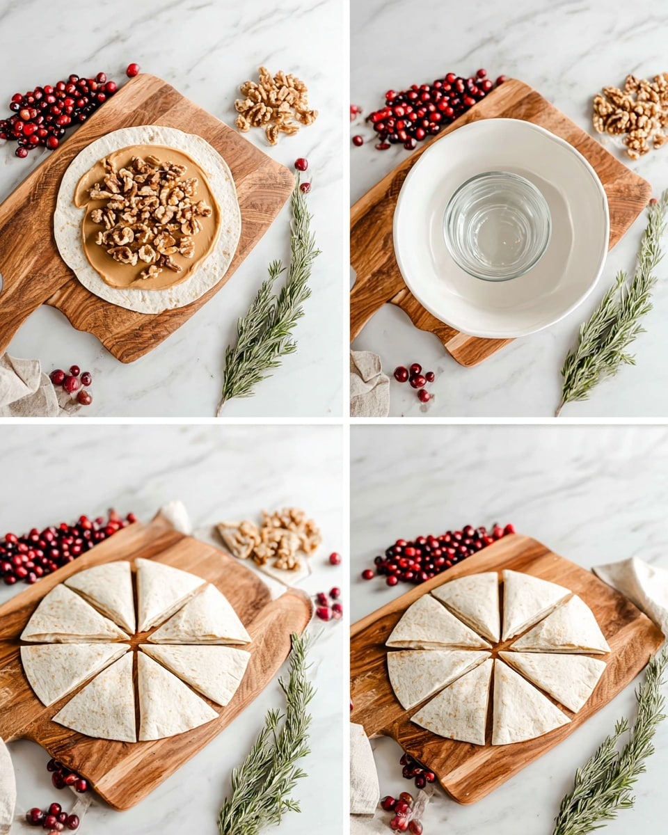 The image shows a step-by-step process of making a wrapped pastry snack on a white marbled surface. First, a flat round tortilla is placed on a wooden board, spread with a light brown layer of peanut butter, topped with scattered walnut pieces. Then, a white bowl is flipped upside down over the tortilla to mark the shape. Next, the tortilla is cut into triangular sections around the center circle using a knife, with a clear glass placed in the middle to guide the cutting. Finally, three of the triangular sections are rolled up from the wide end to the center to form small wrapped shapes. Red cranberries and green rosemary sprigs are placed beside the wooden cutting board in all four images. Photo taken with an iphone --ar 4:5 --v 7