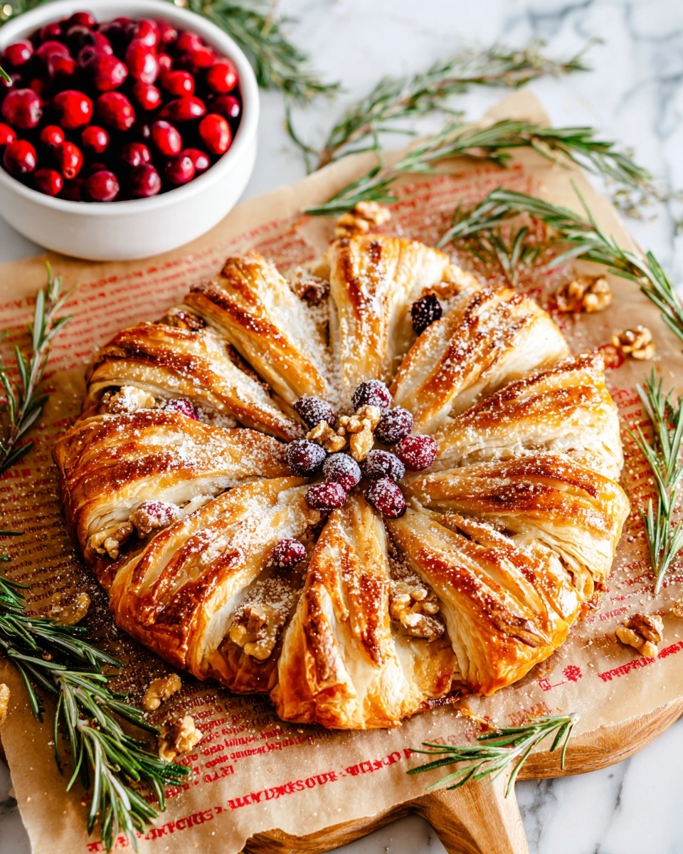 The image shows a round puff pastry star with 12 twisted layers, each layer golden brown and flaky, arranged in a circle with a star shape in the middle. The star has a light dusting of powdered sugar on top. Scattered on the pastry are small red cranberries and chopped walnuts. Between the layers are sprigs of green rosemary placed evenly around the circle. The pastry sits on a piece of brown paper with red text on a white marbled surface. To the left is a white bowl filled with red cranberries, and some rosemary sprigs are placed around the board. Photo taken with an iphone --ar 4:5 --v 7