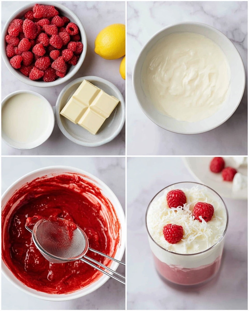 The image shows a dessert in a clear glass with three distinct layers. The bottom layer is made of smooth and slightly chunky bright red raspberry puree. The middle layer is creamy white and thick, with a soft, fluffy texture. The top layer is white creamy with fresh whole raspberries placed on the surface, sprinkled lightly with white shredded coconut. The glass sits on a white marbled surface. photo taken with an iphone --ar 4:5 --v 7