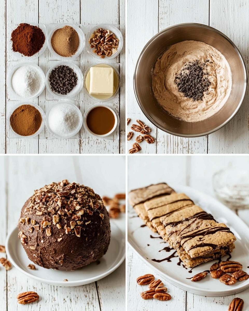 The image shows four scenes of a chocolate dessert preparation. The first scene has ingredients neatly arranged on a white wooden surface, including cocoa powder, chopped pecans, powdered sugar, mini chocolate chips, butter, brown sugar, cream cheese, caramel sauce, and chocolate spread. The second scene shows a metal mixing bowl with cocoa powder and mini chocolate chips on top. The third scene presents a large chocolate ball with a rough texture placed on a white plate, with some pecans scattered on the white wooden surface. The last scene displays the finished chocolate ball covered with chopped pecans and drizzled with chocolate sauce, surrounded by rectangular cookies on a white plate, sitting on the same white wooden surface. photo taken with an iphone --ar 4:5 --v 7