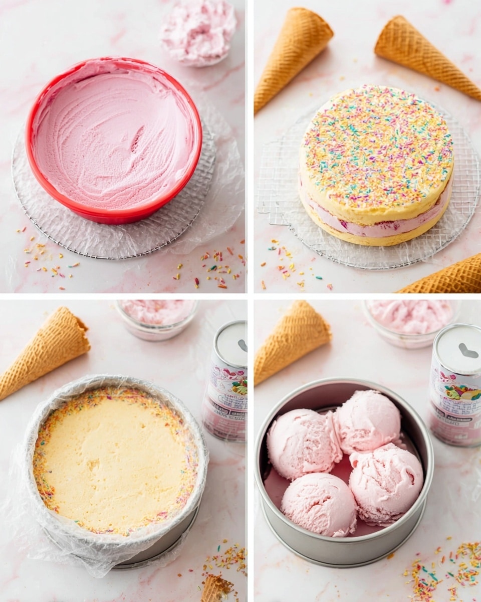 The image shows a series of four pictures demonstrating the making of an ice cream cake with two layers. The first red layer is a container of smooth pink ice cream, and two round layers of light yellow cake with colorful sprinkles sit on a white wire rack, surrounded by waffle cones and a can of vanilla frosting with pink decorating gel. The second image features one round light yellow layer with colorful sprinkles placed inside a round pan lined with plastic wrap. The third image shows scoops of pink ice cream added over the cake layer inside the pan. The final image shows the top light yellow sprinkle cake layer placed over the pink ice cream layer, all wrapped in plastic inside the round pan, set on a white marbled surface scattered with waffle cones and small sprinkles. Photo taken with an iphone --ar 4:5 --v 7