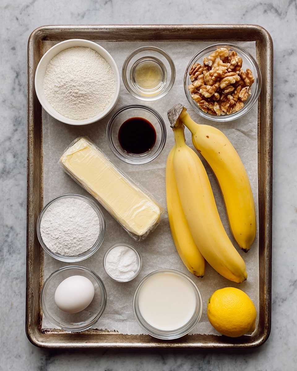A metal baking tray lined with parchment paper rests on a white marbled surface, holding various baking ingredients arranged neatly. Starting from the top left, a small white bowl filled with white flour is followed by a tiny glass bowl with dark vanilla extract. Next to it is a small silver bowl with white baking soda powder, and a clear glass bowl filled with walnut halves. To the right side of the tray, two whole yellow bananas lay close together. Below, a stick of unsalted butter in its wrapper sits horizontally next to a small clear bowl of powdered sugar. Further down, a round glass bowl with white sugar is placed beside a cup of light cream. Toward the bottom right corner, an uncracked white egg and a whole yellow lemon are positioned side by side. Photo taken with an iphone --ar 4:5 --v 7