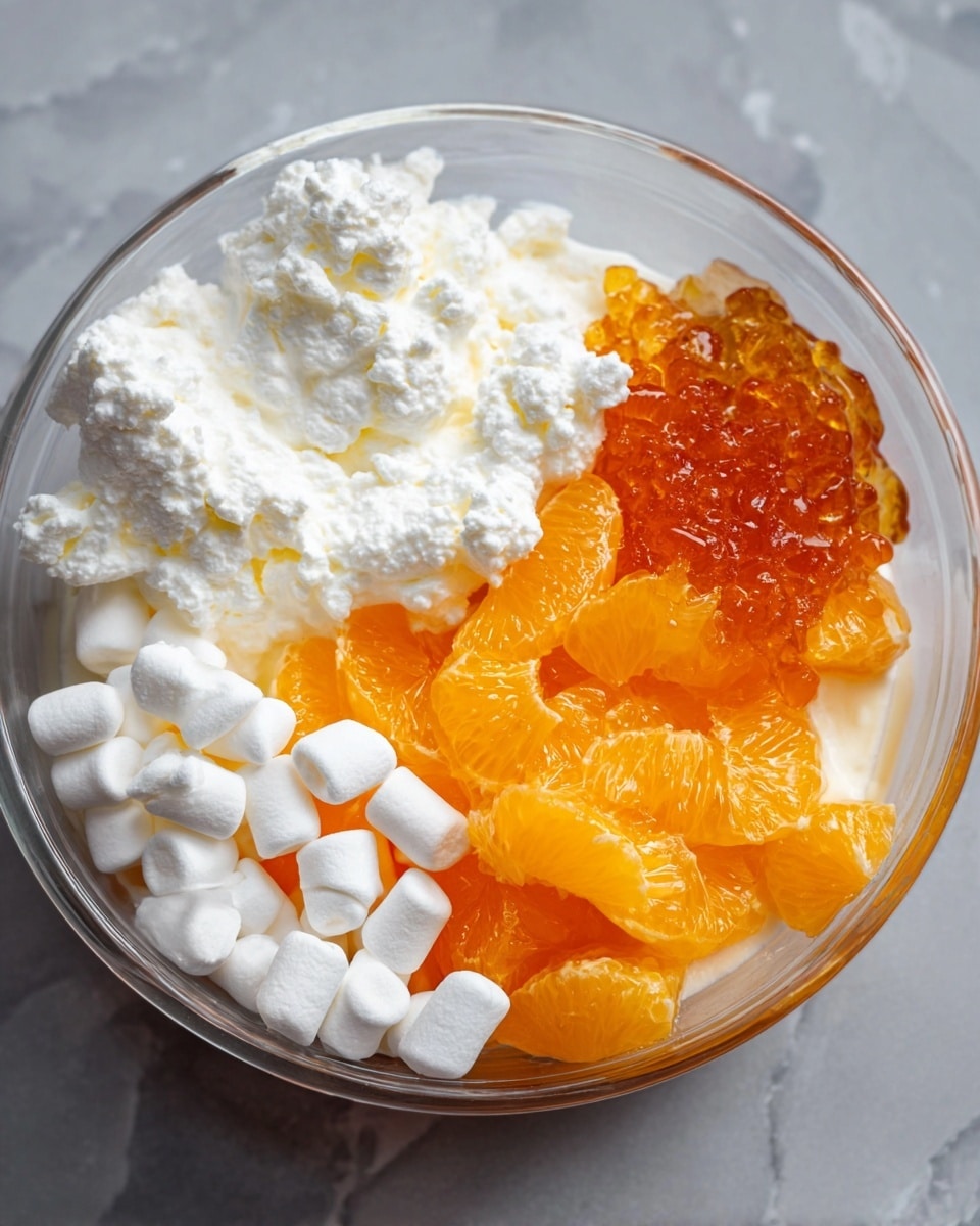 A clear glass bowl shows five main layers: bright orange fruit segments at the bottom right, soft translucent orange jelly on the right above the fruit, small white marshmallows scattered around the jelly and fruit mostly on the bottom and top right, fluffy white whipped cream on the top left, and white cottage cheese below the marshmallows on the bottom left. The bowl sits on a white marbled surface. photo taken with an iphone --ar 4:5 --v 7