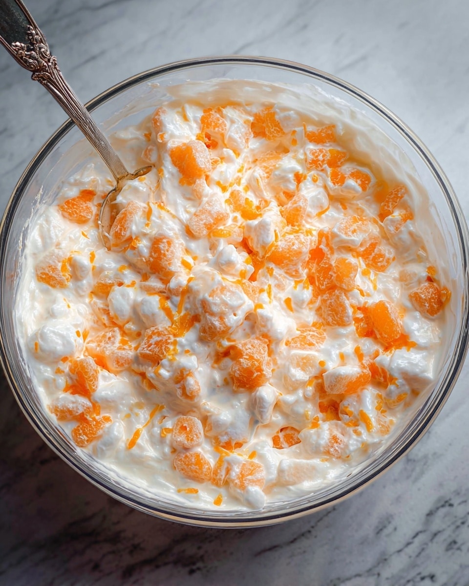 A clear glass bowl filled with a creamy white mixture with bright orange pieces evenly spread throughout, creating a chunky texture with soft marshmallow-like bits scattered on top; a silver spoon with a detailed handle rests inside the bowl on the left side. The bowl sits on a white marbled surface. photo taken with an iphone --ar 4:5 --v 7