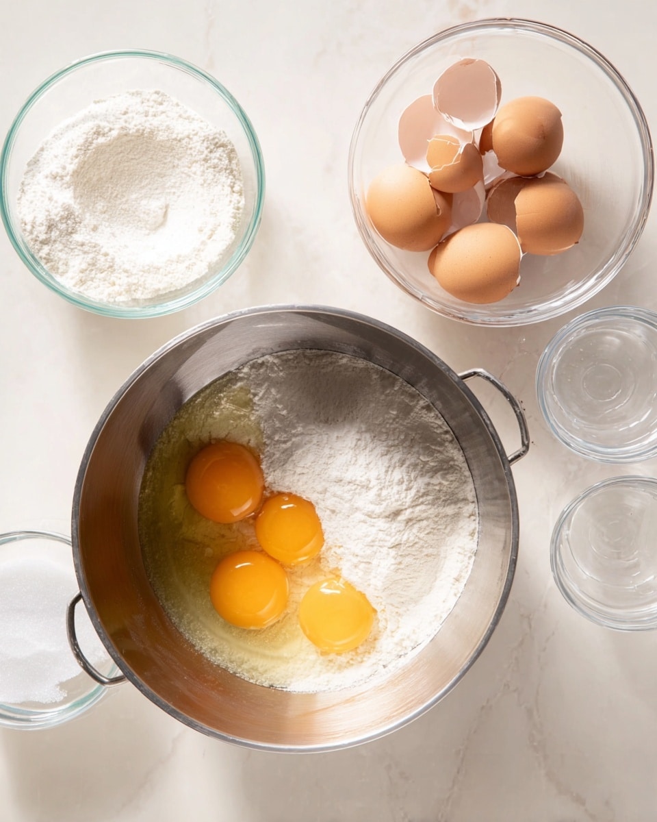 A metal mixing bowl with a handle holds four cracked eggs with bright orange yolks, a pile of white flour, and granulated white sugar, positioned on a white marbled surface. Nearby, a clear glass bowl contains several empty brown eggshell halves, and another empty clear glass bowl sits above the mixing bowl. Small clear containers with white powdery ingredients surround the setup, creating a clean and organized scene for baking preparation. Photo taken with an iphone --ar 4:5 --v 7