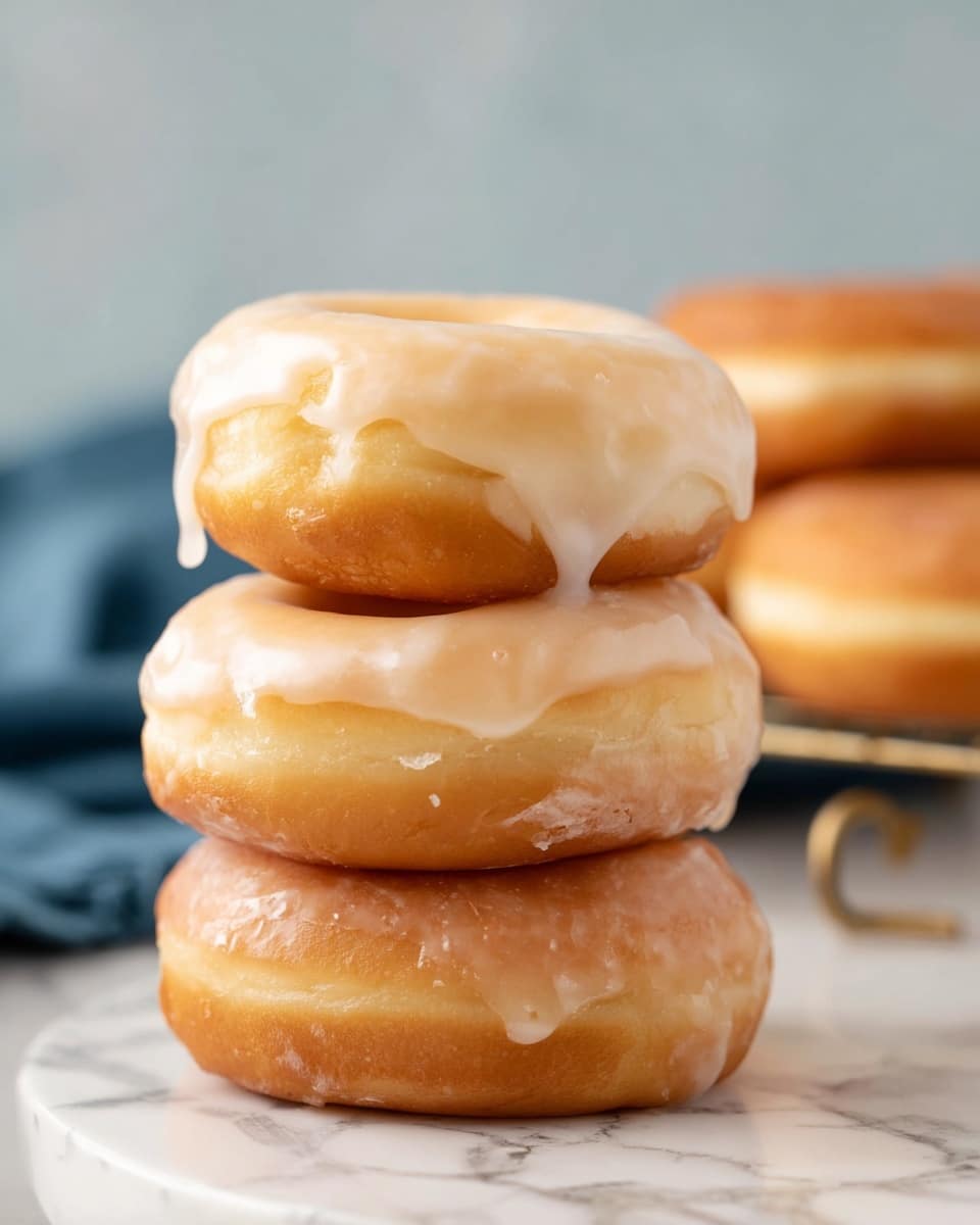 Three glazed donuts are stacked on top of each other on a white marbled surface. The bottom donut is golden brown with a shiny white glaze, the middle donut is lighter yellow with a smoother, slightly shiny glaze, and the top donut is pale with a smooth glaze dripping slightly on the edges. In the background, there is a blurred view of more donuts on a rack and a blue cloth. photo taken with an iphone --ar 4:5 --v 7