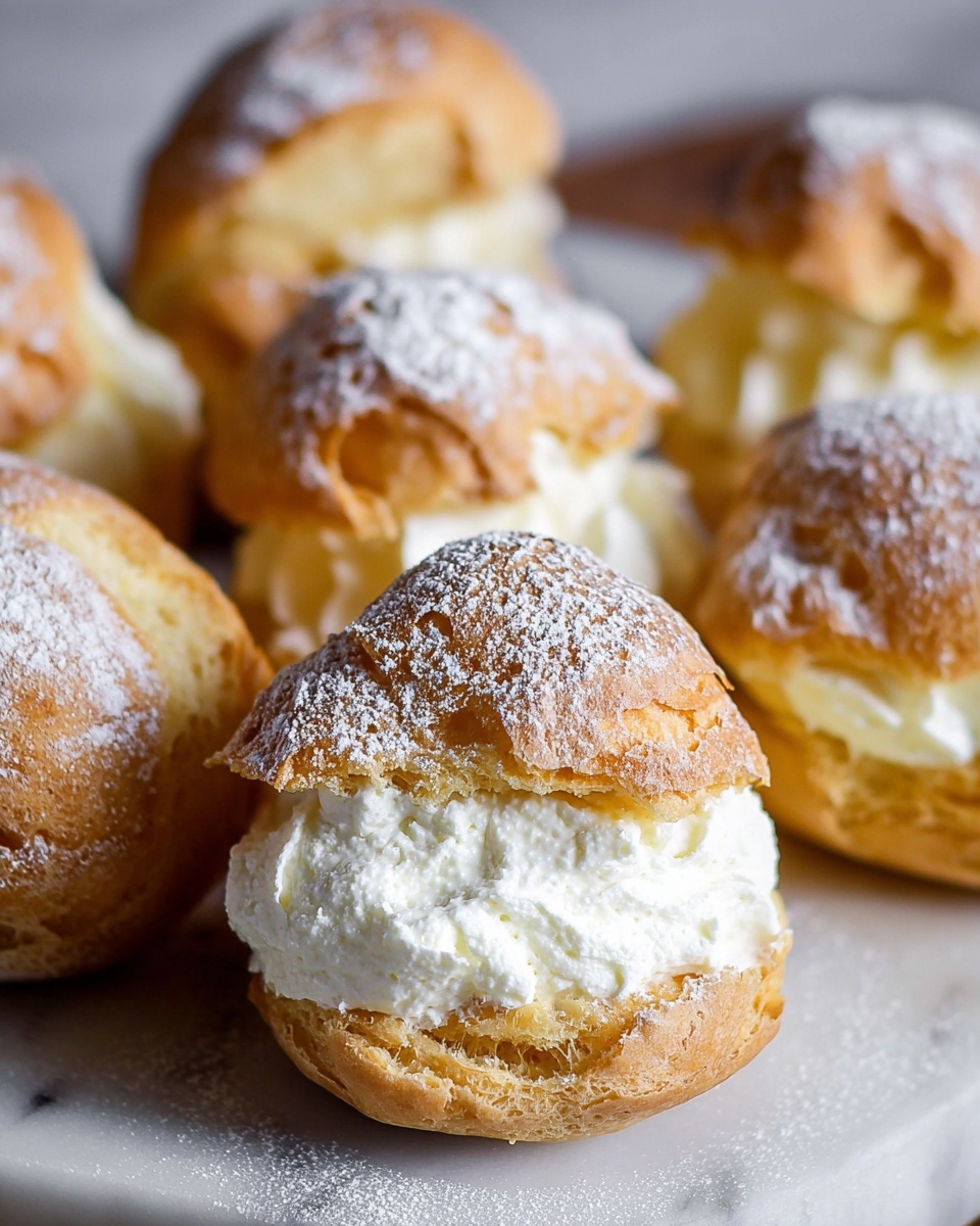 The image shows several cream puffs arranged closely on a white marbled surface. Each cream puff has two layers: a golden brown, light, and flaky top layer with a slightly cracked texture, and a bottom layer of soft, baked pastry that holds a thick, white creamy filling that looks fluffy and smooth. Some cream puffs are dusted lightly with powdered sugar. The cream filling is puffed out between the layers, giving a rich and soft appearance. Photo taken with an iphone --ar 4:5 --v 7