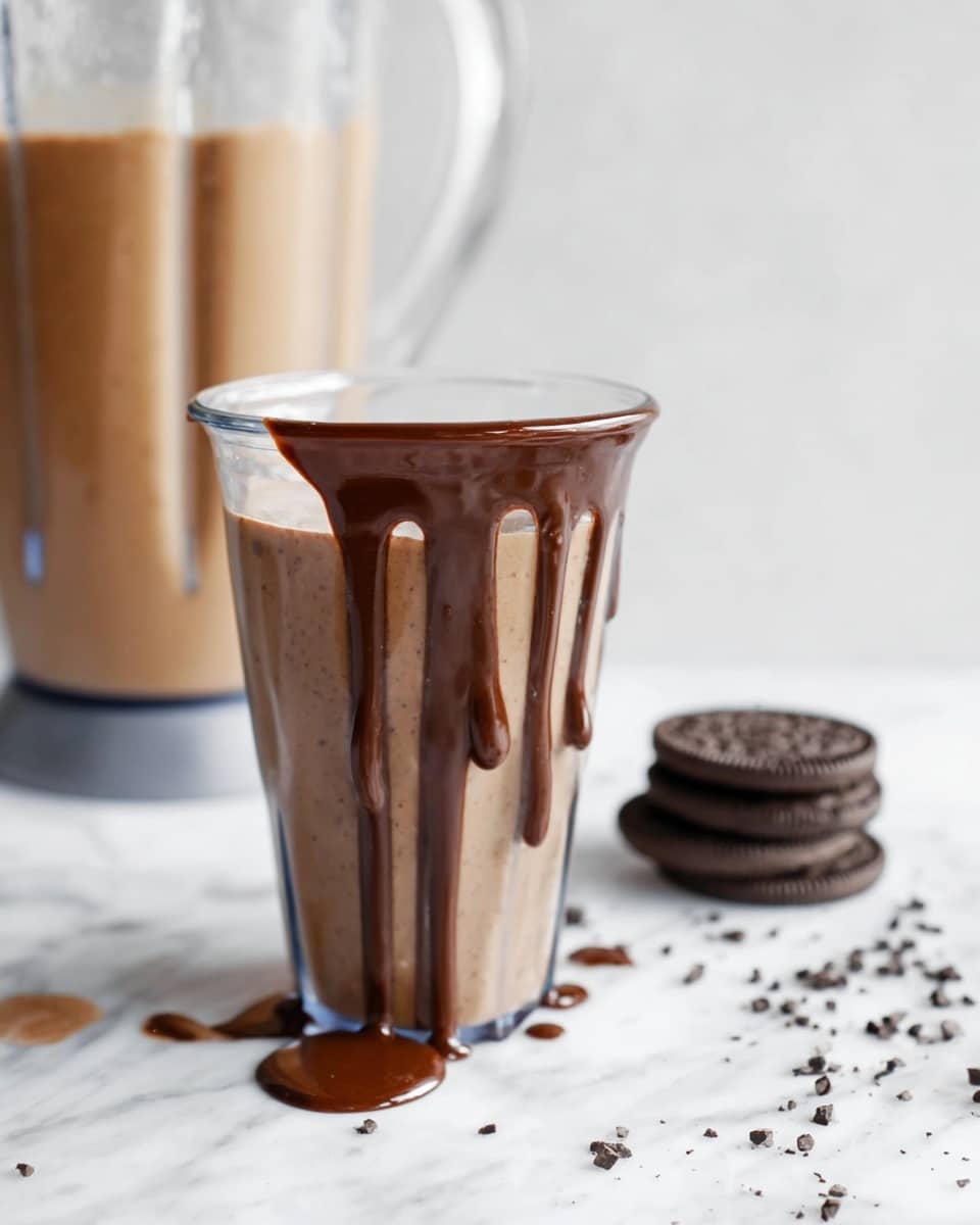A clear plastic cup with several thick drips of dark brown chocolate sauce running down the inside walls, sitting empty on a white marbled surface. Behind the cup, there is a blender filled with a light brown smoothie or milkshake, blurred in the background. To the right of the cup, there are two chocolate sandwich cookies stacked and some scattered small dark chocolate chips or crumbs on the white marbled surface. Photo taken with an iphone --ar 4:5 --v 7