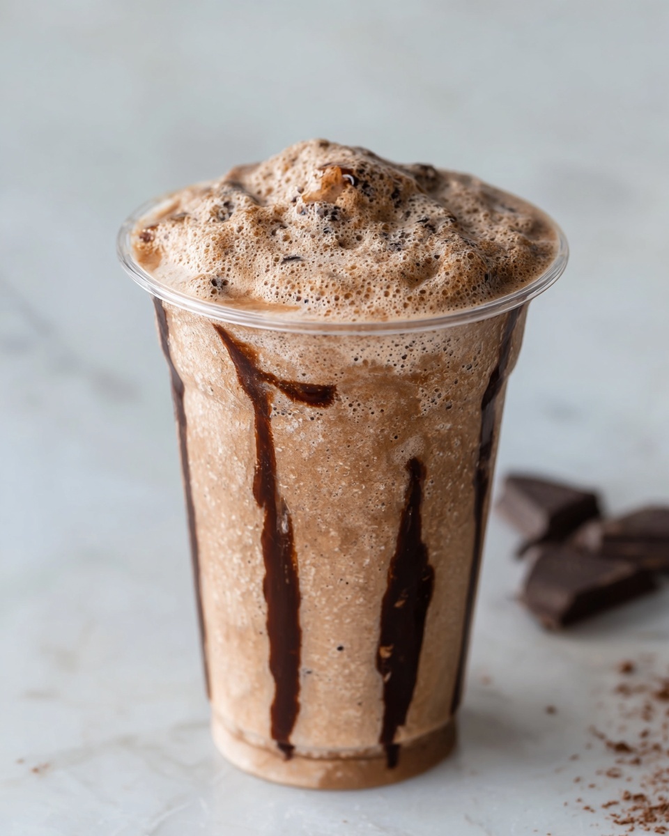 The image shows a tall clear plastic cup filled with a thick light brown chocolate drink mixed with ice, creating a textured and bubbly top layer. Inside the cup, dark brown chocolate syrup runs down the sides in uneven vertical streaks, contrasting with the lighter drink. The cup is placed on a white marbled surface with a few dark chocolate pieces blurred in the background on the right side. photo taken with an iphone --ar 4:5 --v 7