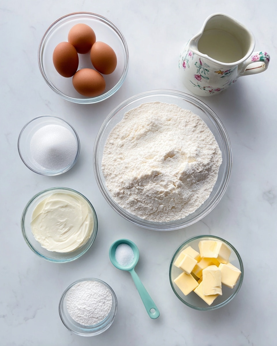 The image shows a top view of several clear glass bowls and a white pitcher arranged on a white marbled surface. In the center, there is a large bowl filled with white flour that has a soft, powdery texture with slight surface dips. Above it, there is a bowl containing four brown eggs with smooth shells. To the left of the eggs, a bowl holds fine white sugar with a gentle mound shape. To the right of the flour, a smaller bowl contains yellow butter cubes with clean edges. Below the flour, two small bowls hold white granular substances; one with baking powder or salt with a pale green spoon resting on top, and the other with dry yeast with a matching pale green spoon. To the upper right, a white pitcher with pastel floral patterns filled with a liquid, likely milk, completes the arrangement. photo taken with an iphone --ar 4:5 --v 7