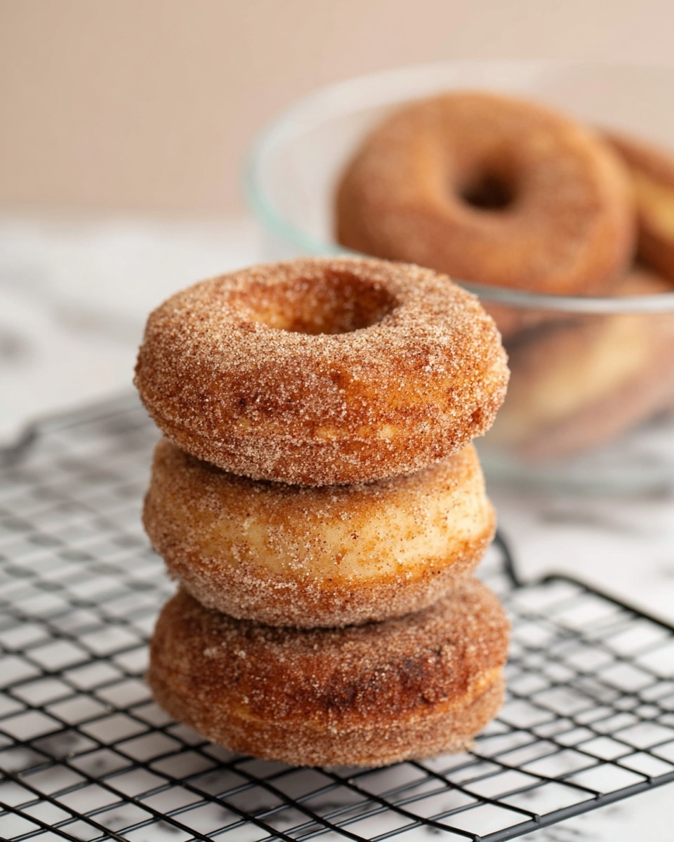 A stack of three cinnamon sugar doughnuts is placed on a black cooling rack with a white marbled surface beneath. Each doughnut features a rough texture with a cinnamon sugar coating giving a warm brown and light tan color mix. The top doughnut has a hollow center and shows a soft, slightly uneven surface, while the lower doughnuts appear denser and darker coated with cinnamon sugar. In the background, there is a clear glass bowl with another doughnut inside, slightly blurred, showing the close-up focus on the stack. The whole scene is bright and softly lit. photo taken with an iphone --ar 4:5 --v 7