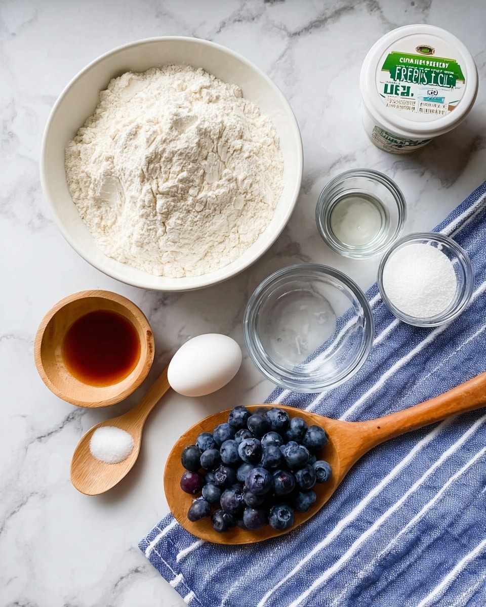 A white bowl is filled with a heap of white flour with a rough texture in the bottom left. To the right, a wooden spoon holds plump, dark blue blueberries with a matte finish. Above this, a white round container with a green label is shown at the right edge. Nearby, three small clear glass bowls are placed on a blue and white striped cloth: the top one with a clear liquid, the middle with white sugar granules, and the lower with a small amount of a white liquid. A white egg rests near the center, next to a small wooden bowl holding a white powder and salt. A white spoon at the left holds a small amount of dark amber liquid. The setup is on a white marbled surface. photo taken with an iphone --ar 4:5 --v 7