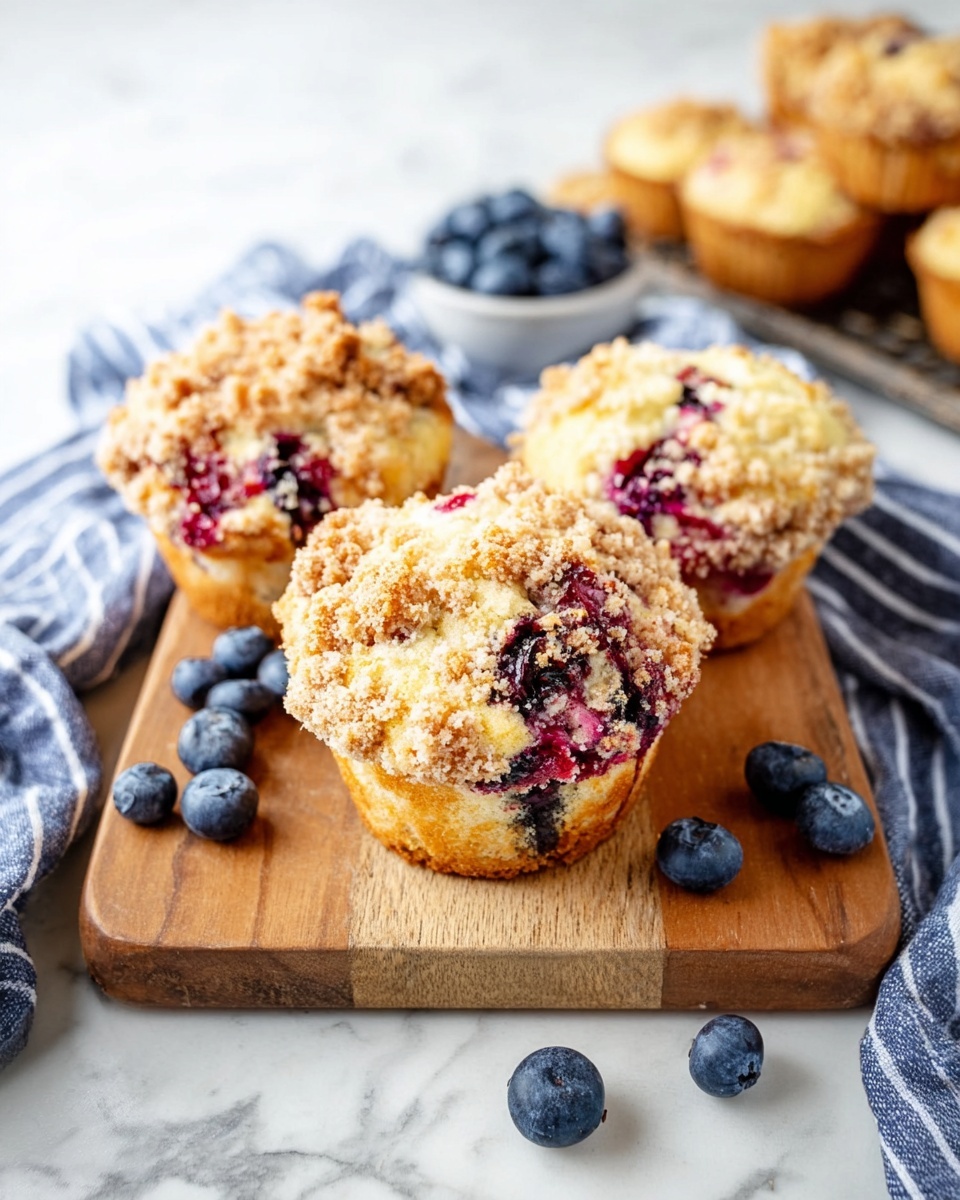 Three crumb-topped muffins sit closely on a small wooden board with a light brown color and natural grain texture, placed over a larger wooden board with a deeper brown tone. The muffins have a pale yellow base with a textured crumb topping in golden brown, speckled with bright red and dark blue berry spots. Scattered fresh blueberries with a deep blue color and smooth texture are placed around the boards on a white marbled surface. A blue and white striped cloth is partially visible under the boards, adding a soft touch to the scene. More muffins can be seen blurred in the background. Photo taken with an iphone --ar 4:5 --v 7